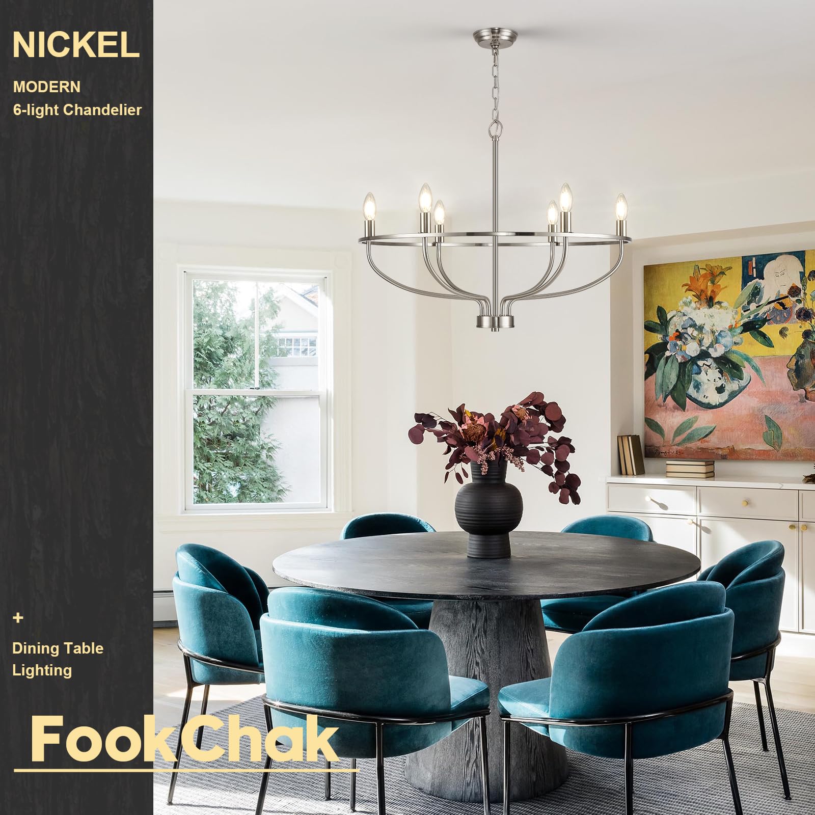 FookChak 12-Light Brushed Nickel Chandelier, 36in Metal Fixture for High Ceilings, Dining, Foyer, Kitchen