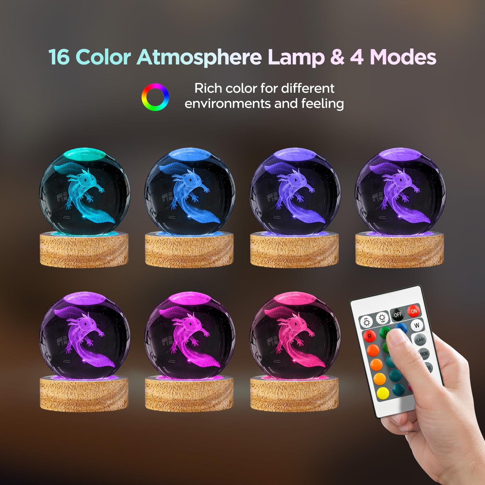 DCORIUNTG 3D Crystal Ball Lamp - 60mm Axolotl Figurine, 16 Colors, Remote Control, Glass, Room Decor, Gift for Kids & Friends