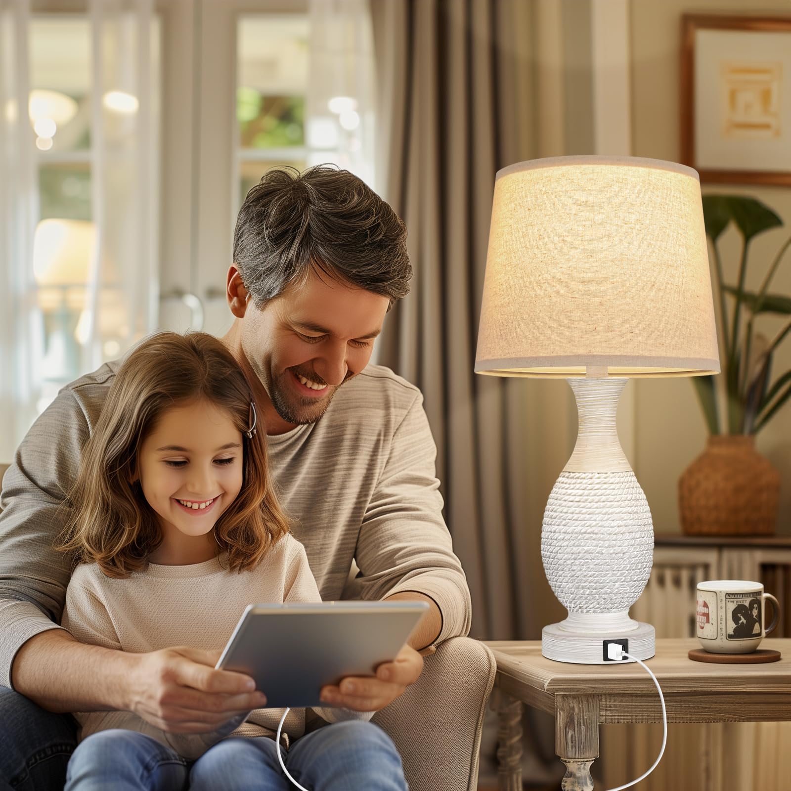 Seealle Bedside Lamps Set of 2 - Dimmable Touch with USB C+A, Resin, 22.6in, C. Oat Shade, Model 07033, Bulbs Included