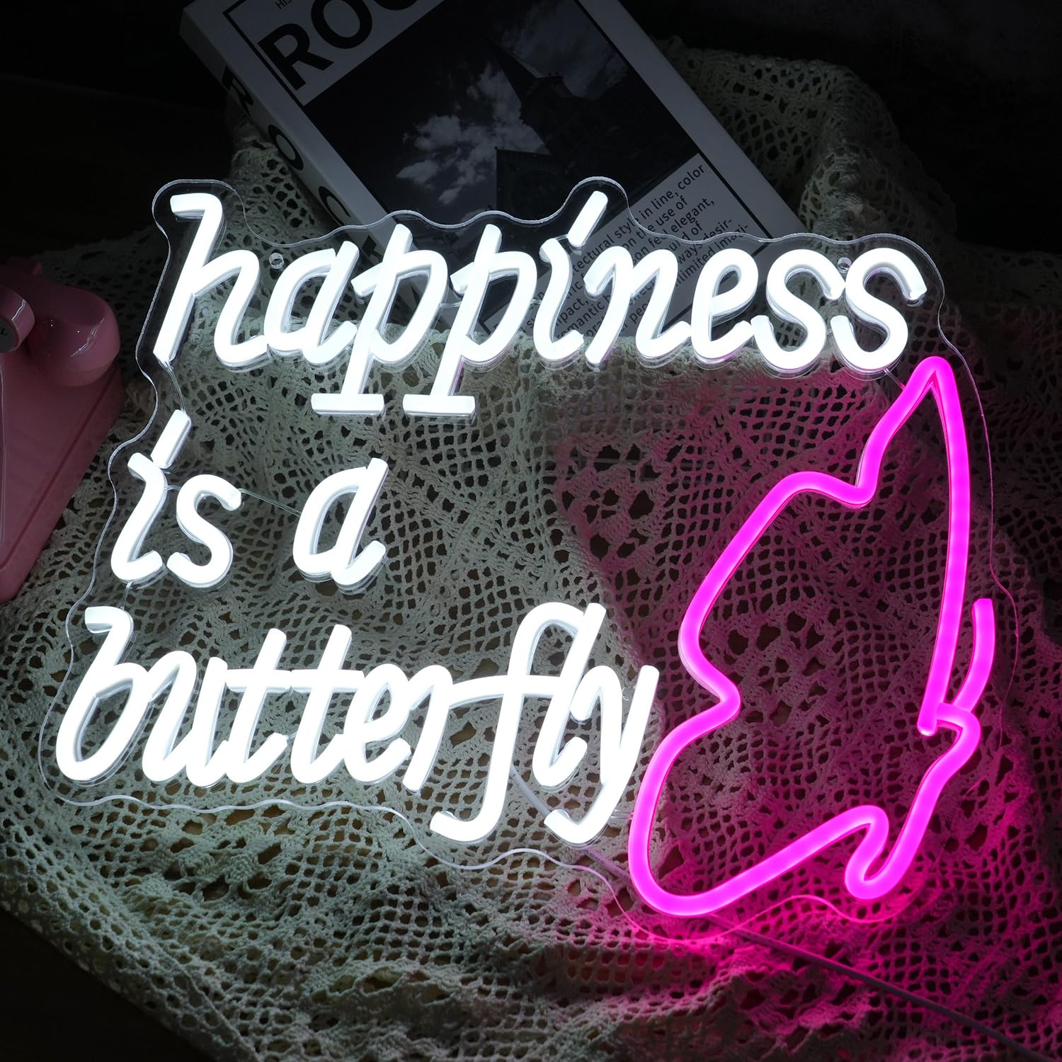 GNVETZLL Neon Sign - Dimmable USB Powered Butterfly Light, Pink & White, 15.7in  x 13in , Acrylic Wall Decor for Party & Living Room