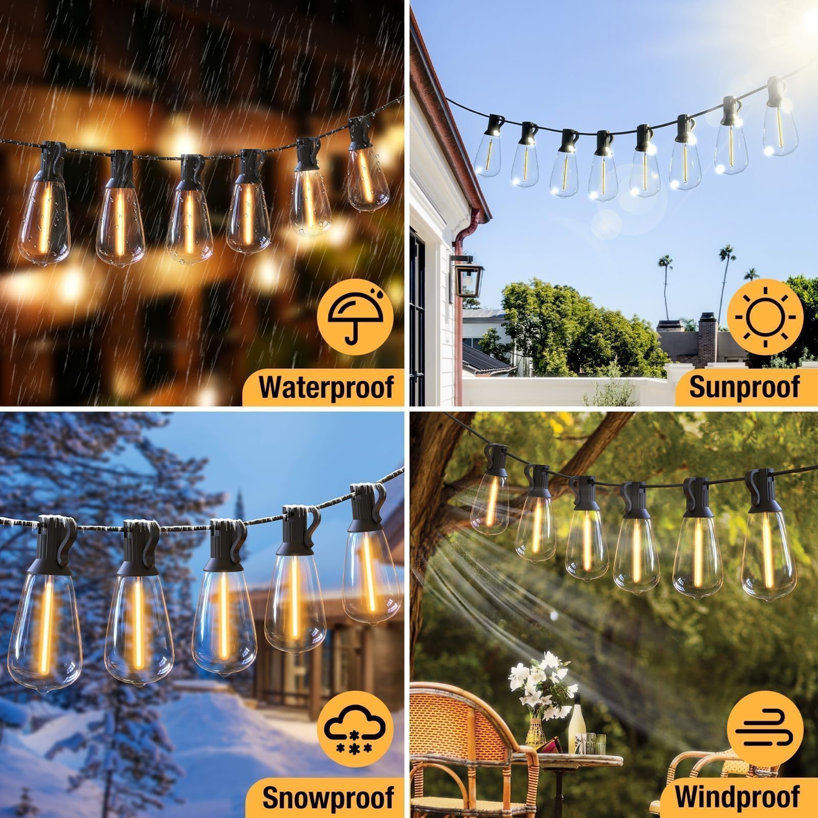 litogo LED Outdoor String Lights, 120FT, Warm White, Waterproof with Dimmer and Timer, Vintage Edison Bulbs, Model LTO38-116-1