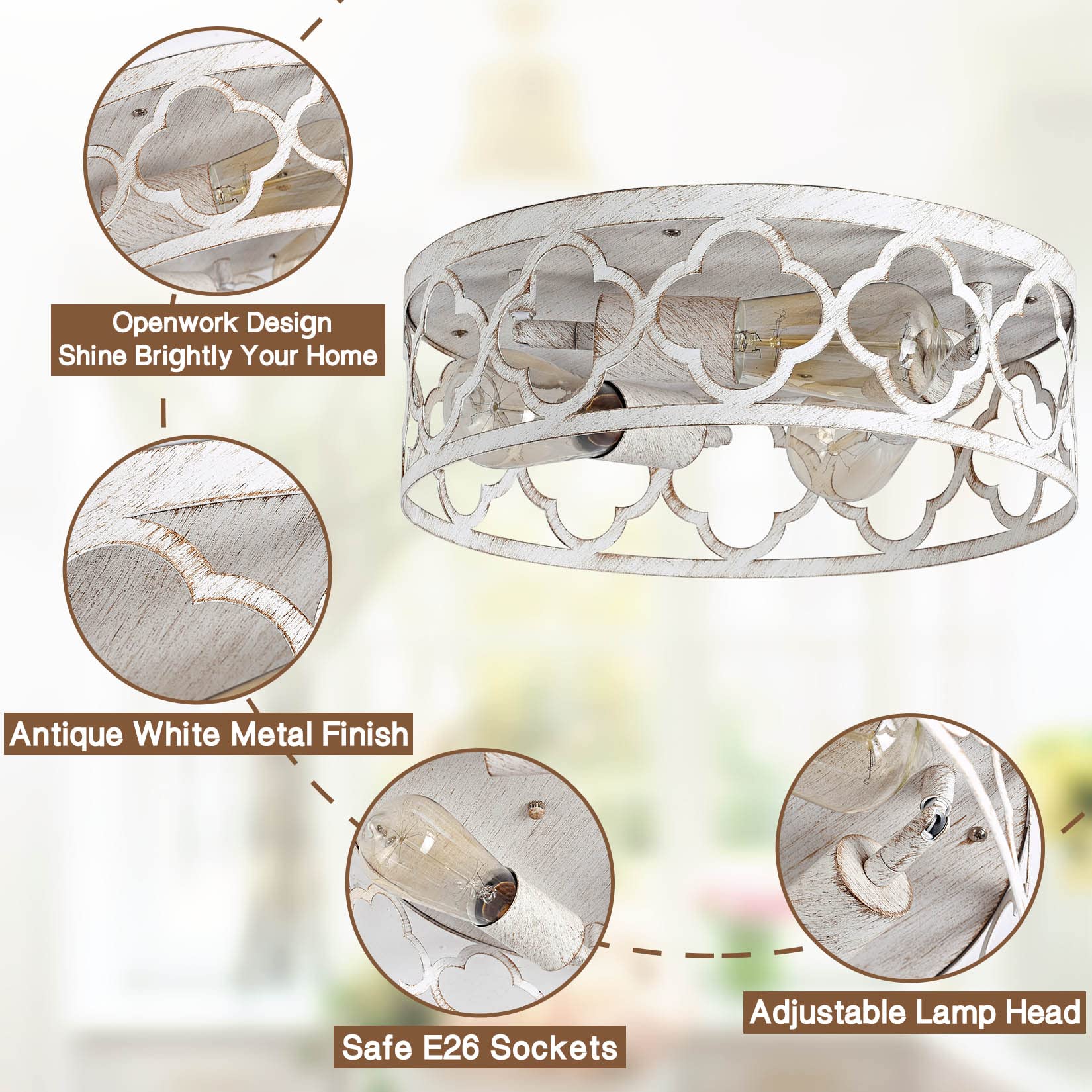 Bargeni 13-Inch Rustic Flush Mount Ceiling Light Fixture, 3-Light For Kitchen & Living Room