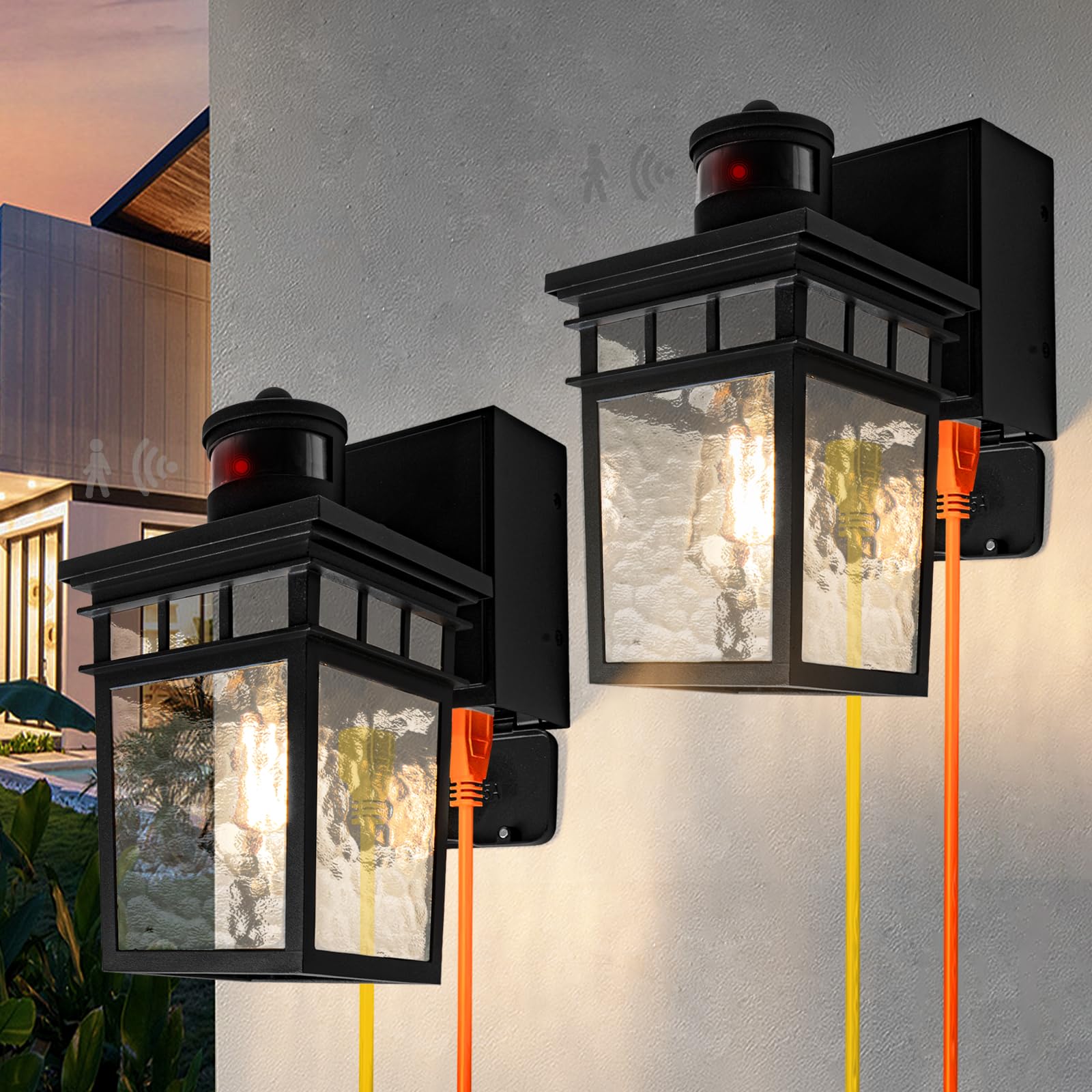 Vioaoeafa 2 Pack Porch Light Outdoor With Gfci Outlet - 3 Lighting Modes Exterior Light Fixture, Dusk To Dawn Motion Sensor Wall Mount Outside Lights For House,Garage,Front Door, Patio