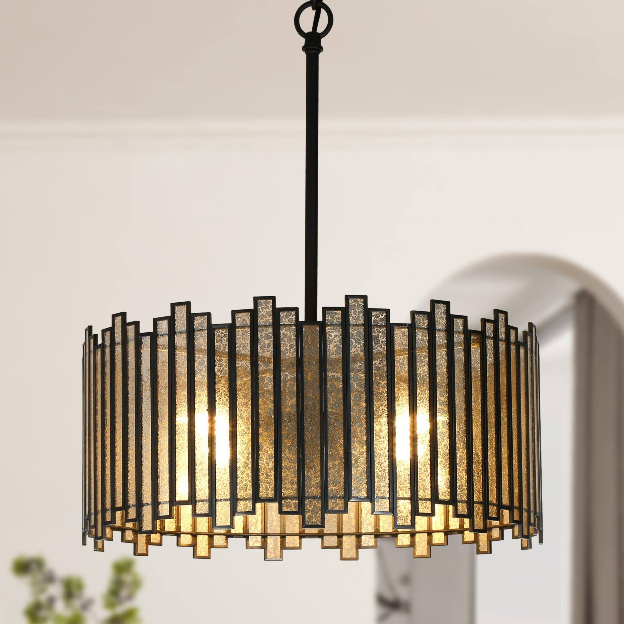KSANA Black Drum Chandelier, 4-Light Modern Drum Pendant Hanging Light Fixtures with Colored Glass Shade for Dining & Living Roo
