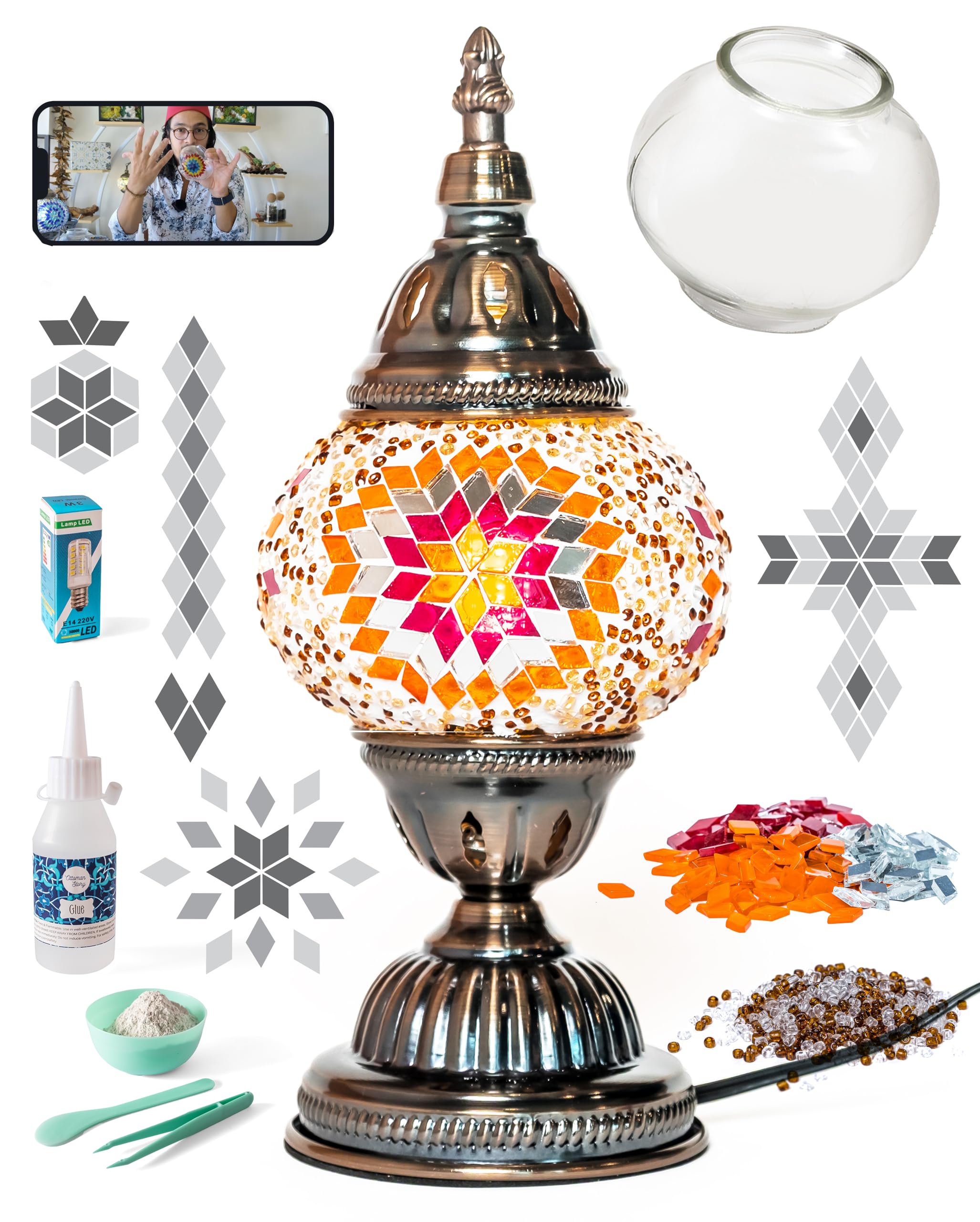Kraftstories Turkish Mosaic Lamp Kit Diy Glass Decorative Table Bedside Night Light Tabletop For Living Room Bedroom | Make Your Own Lamp | Antique Bronze Base (Sunset)