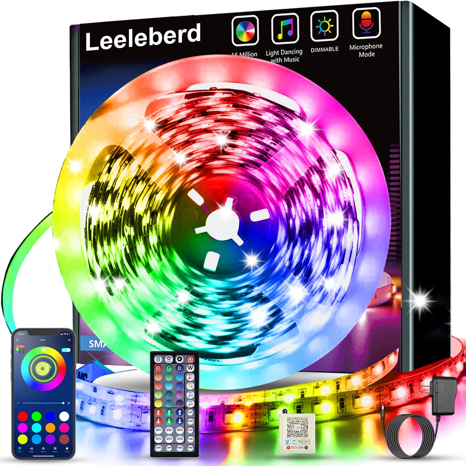 Leeleberd 50Ft Led Strip Lights - Bluetooth Rgb Color Changing, Remote Control, Multicolor, Plastic, Model T-100 For Home Decoration