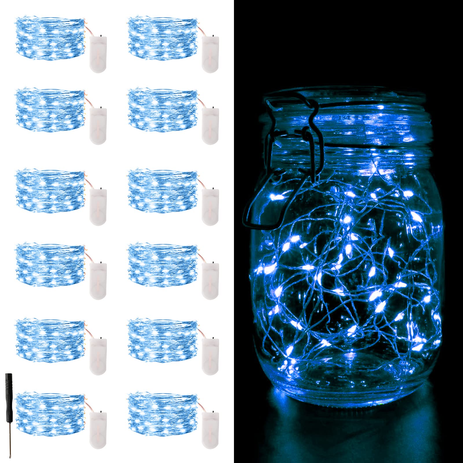 12 Pack Blue Fairy Lights Battery Operated, 7Ft 20Led Valentines Day Lights Battery Operated Waterproof Silver Wire For Diy Mason Jar Bedroom Birthday Wedding Christmas Decorations String Lights