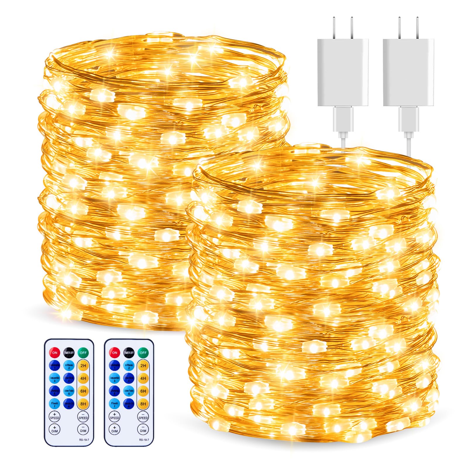Minetom USB Fairy String Lights, 66ft, 200 LEDs, Copper Wire, Warm White, 2 Pack, Ideal for Bedroom, Wedding, Party Decoration