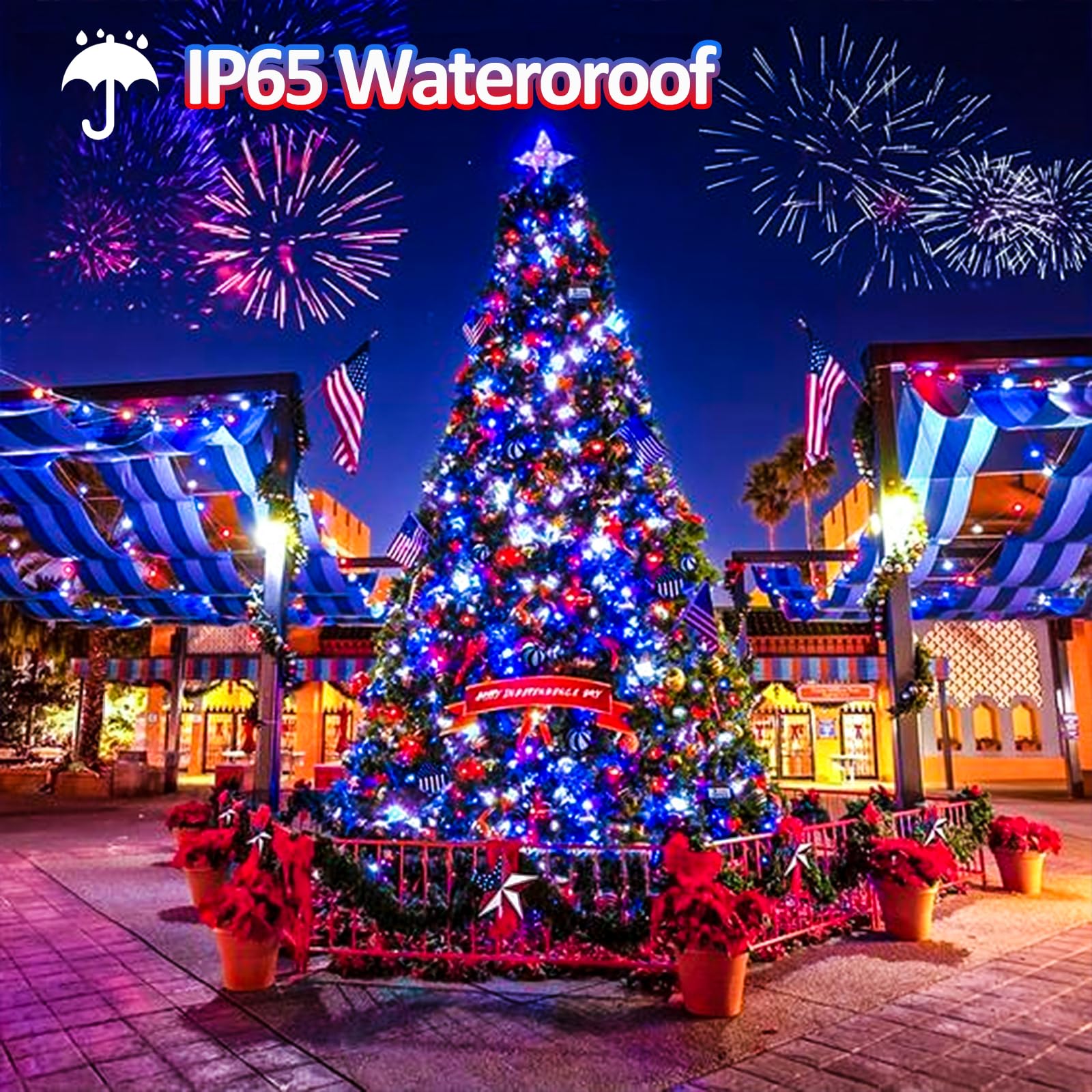 Eew 2Pk Red White And Blue Solar String Lights Outdoor Waterproof, Solar Powered Led Patriotic Lights 200 Led, Solar Tree Lights