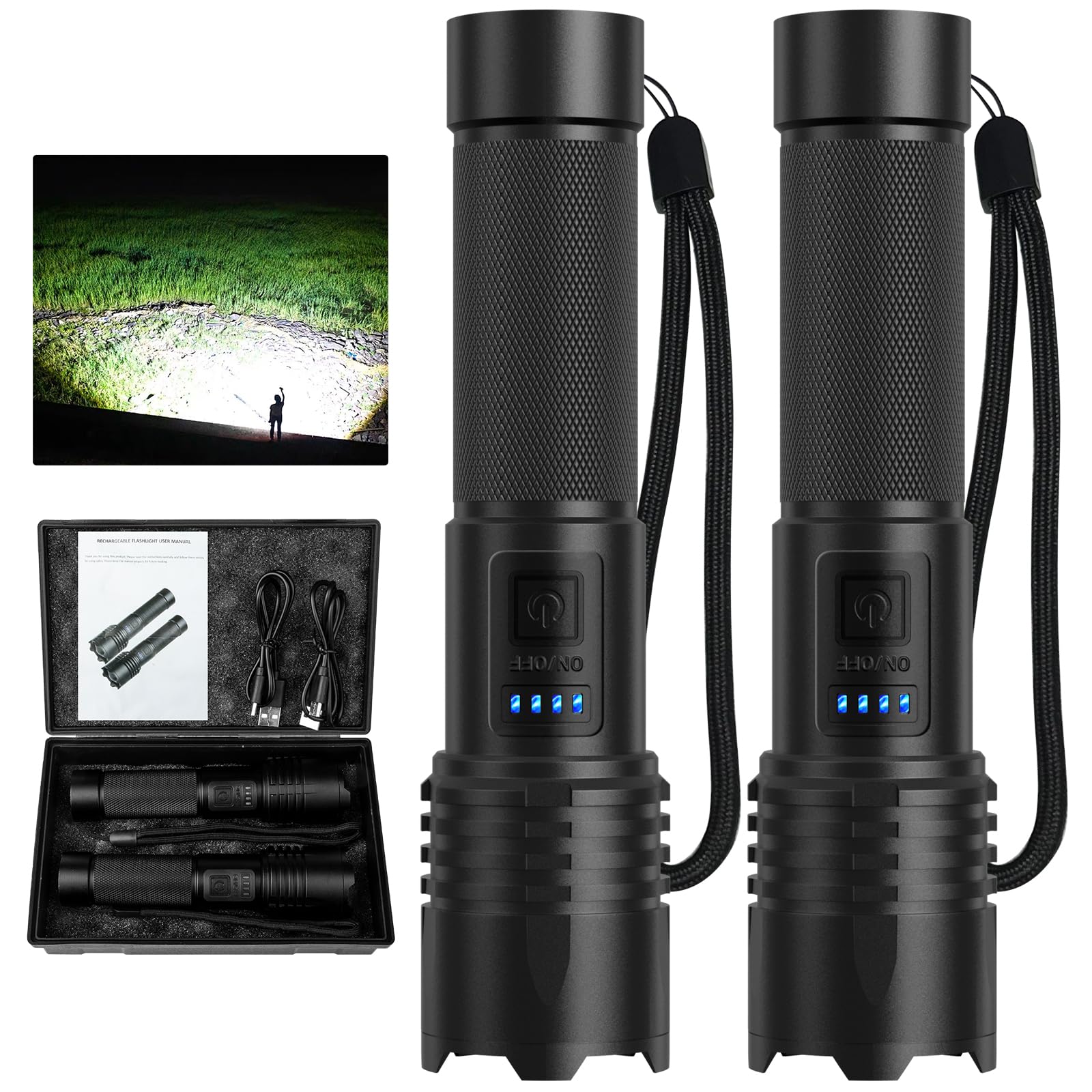 QOPOYU LED Flashlights 90000 Lumens Rechargeable 3 Modes IPX7 Waterproof Black 2 Pack Model p109