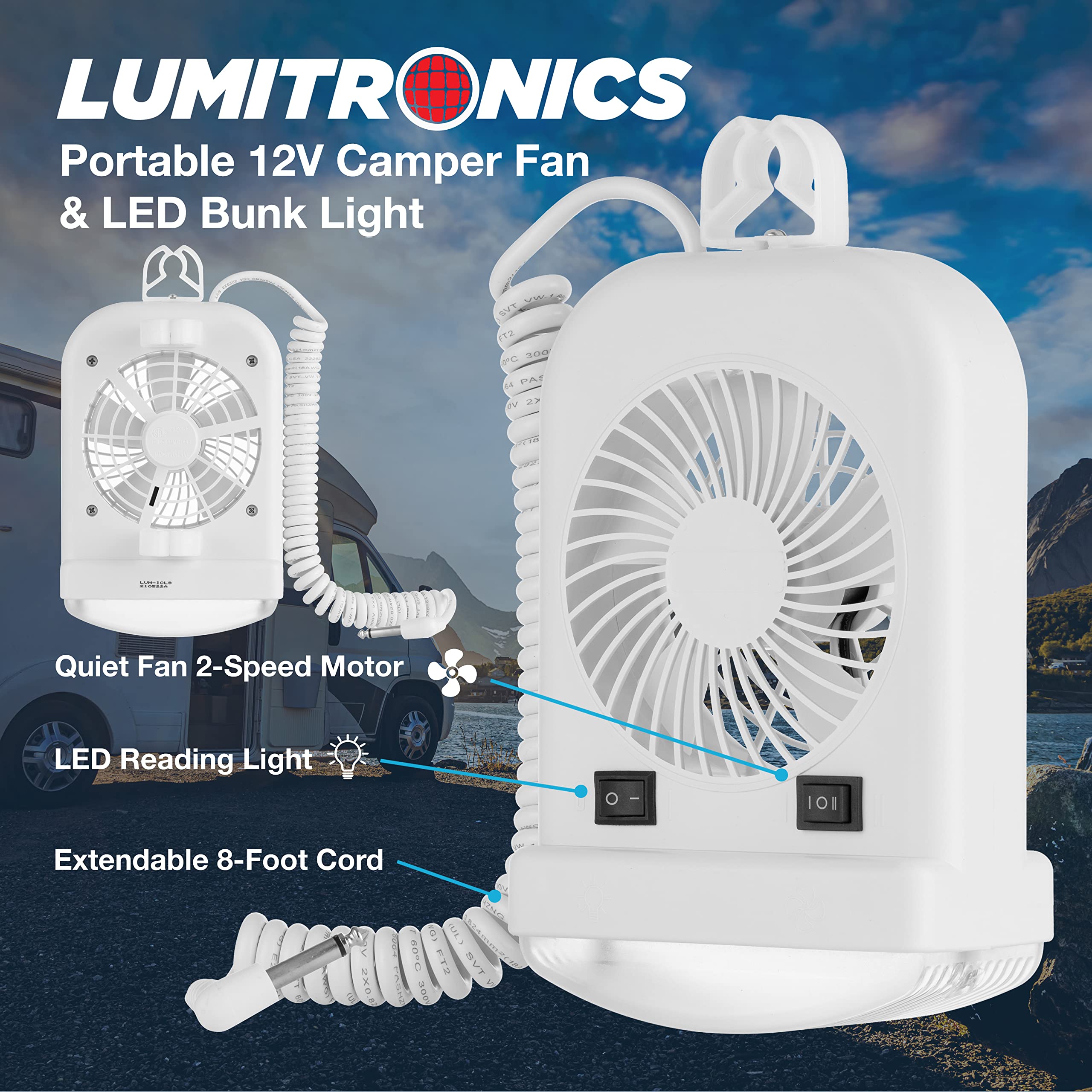 Lumitronics 12V LED Bunk Light & 2-Speed Fan Combo - Quiet Motor, Extendable 8-Foot Cord, On/Off Switch, White - 1 Count