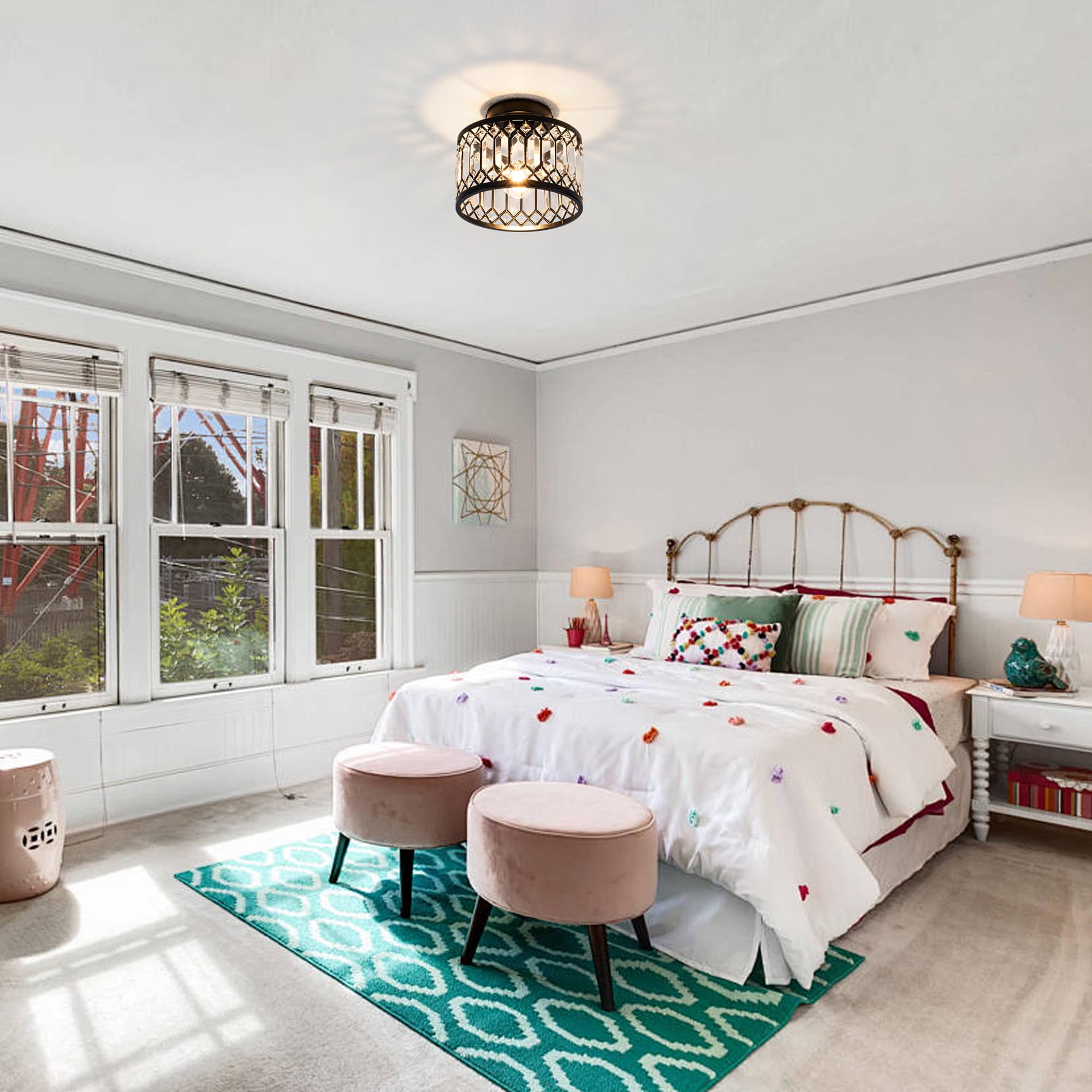 Rpzloila Crystal Ceiling Light Fixture, Modern Semi Flush Mount, Black, Model 8802-1X-BK, for Kitchen, Bedroom, Bathroom, Entryway