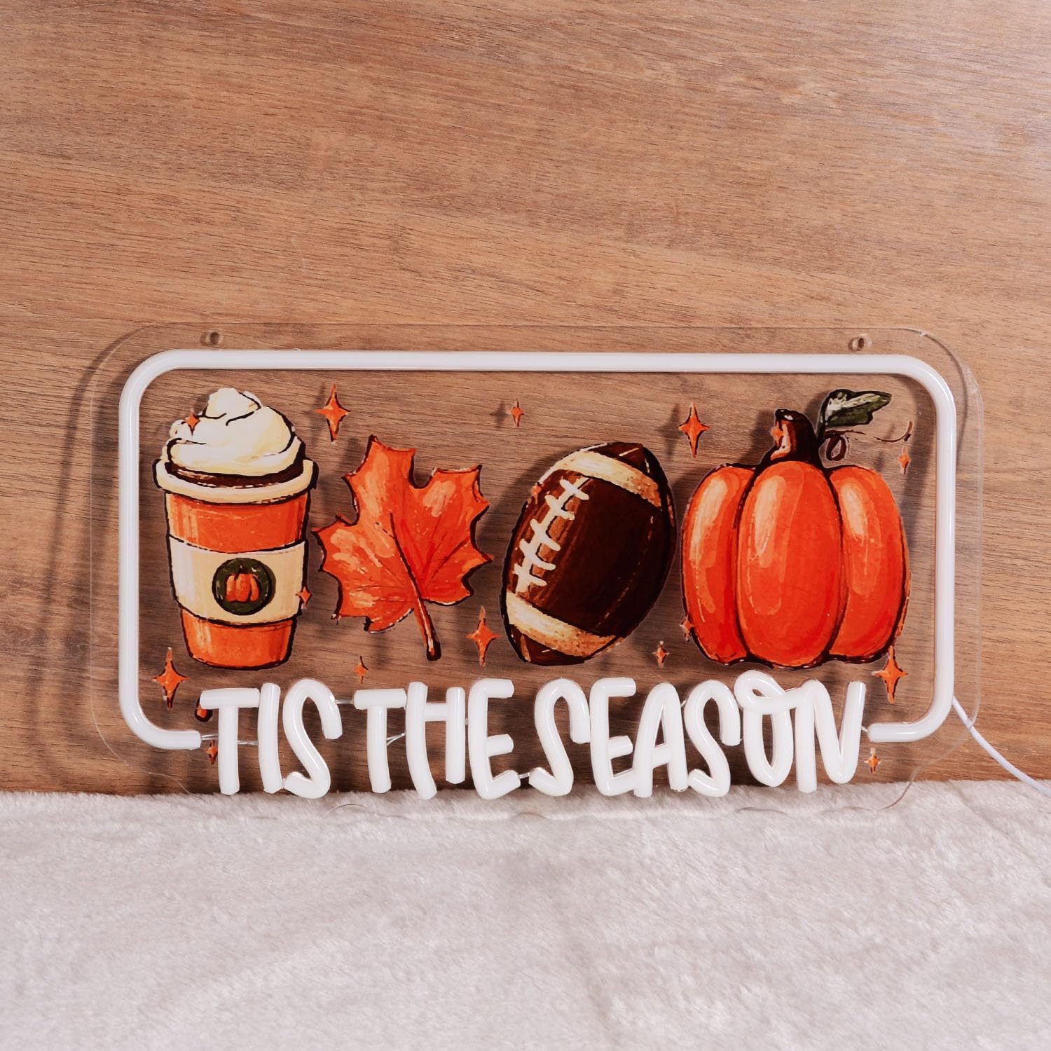 Tis The Season Neon Lights Latte Coffee Maple Leaf Football & Pumpkin Led Sign Inspirational Led Wall Art For Christmas Halloween Thanksgiving Sports Fan Cave Fall Decor Home Bar Or Cafe