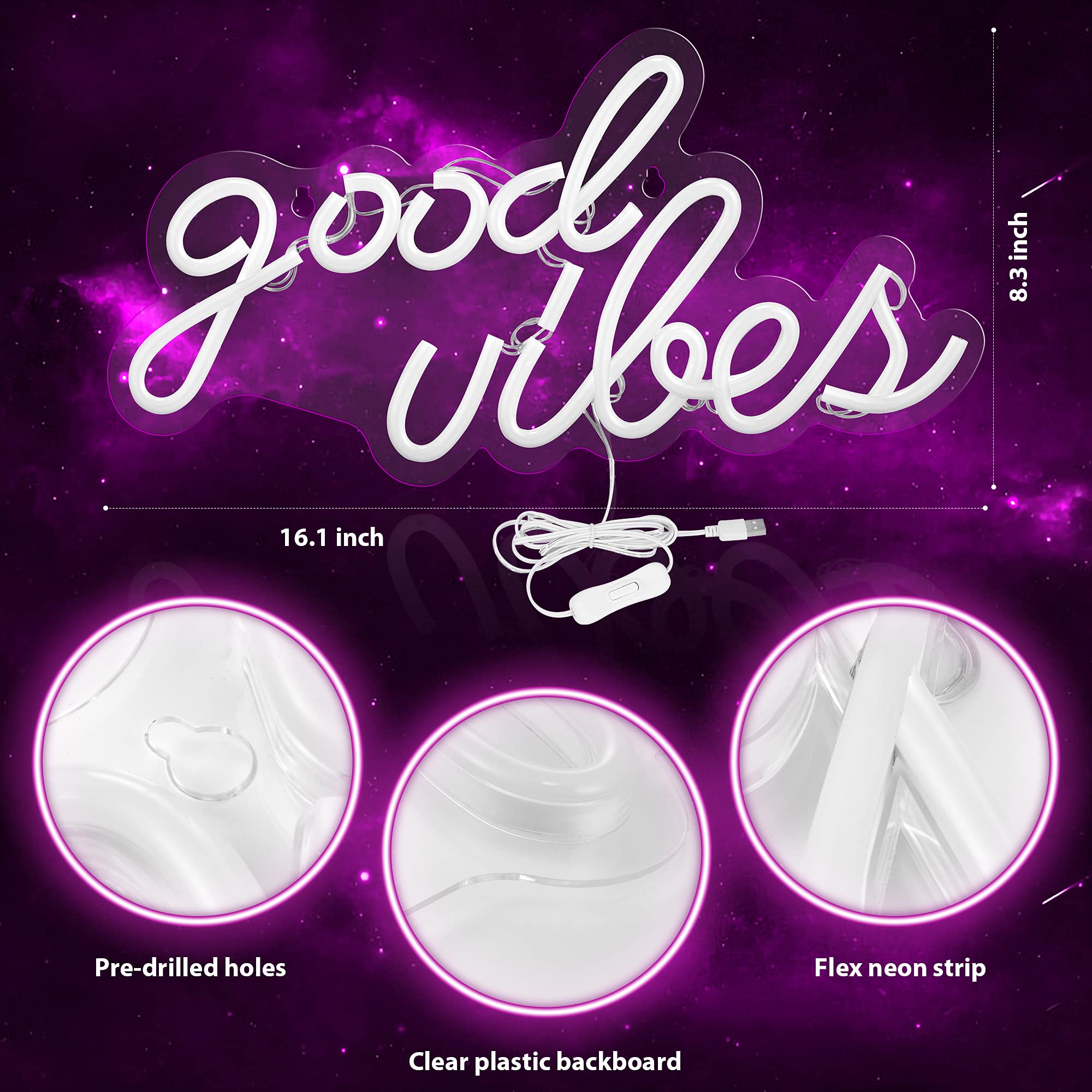 Olekki Neon Sign - Good Vibes LED Wall Decor, Pink, 16.1 x 8.3 inch, Model OLKNS-GVP, Plastic
