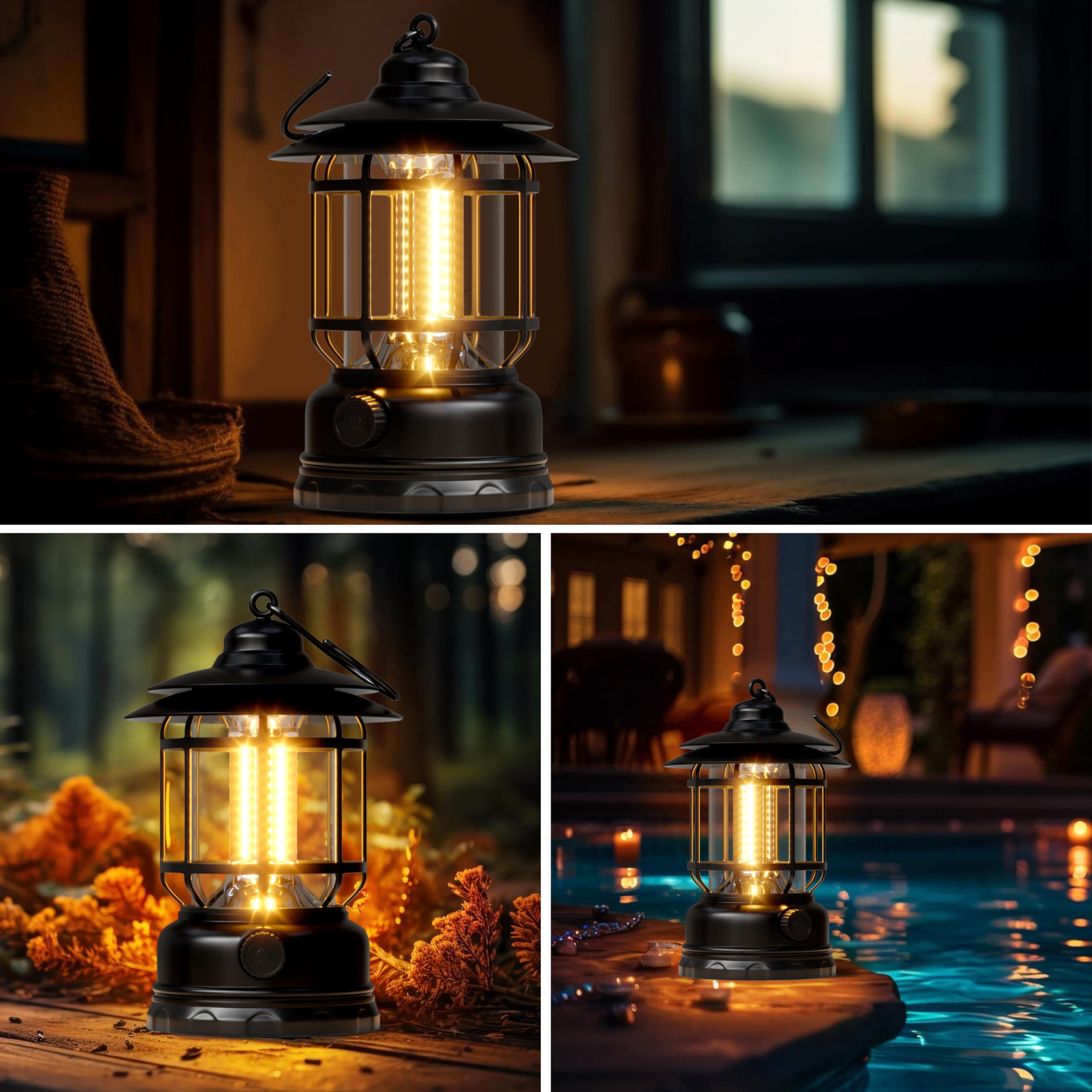 Retor LED Camping Lanterns Black 3 Pack 1500 LM Step-Less Dimming, Lightweight Battery Powered USB Rechargeable Flashlight Survi