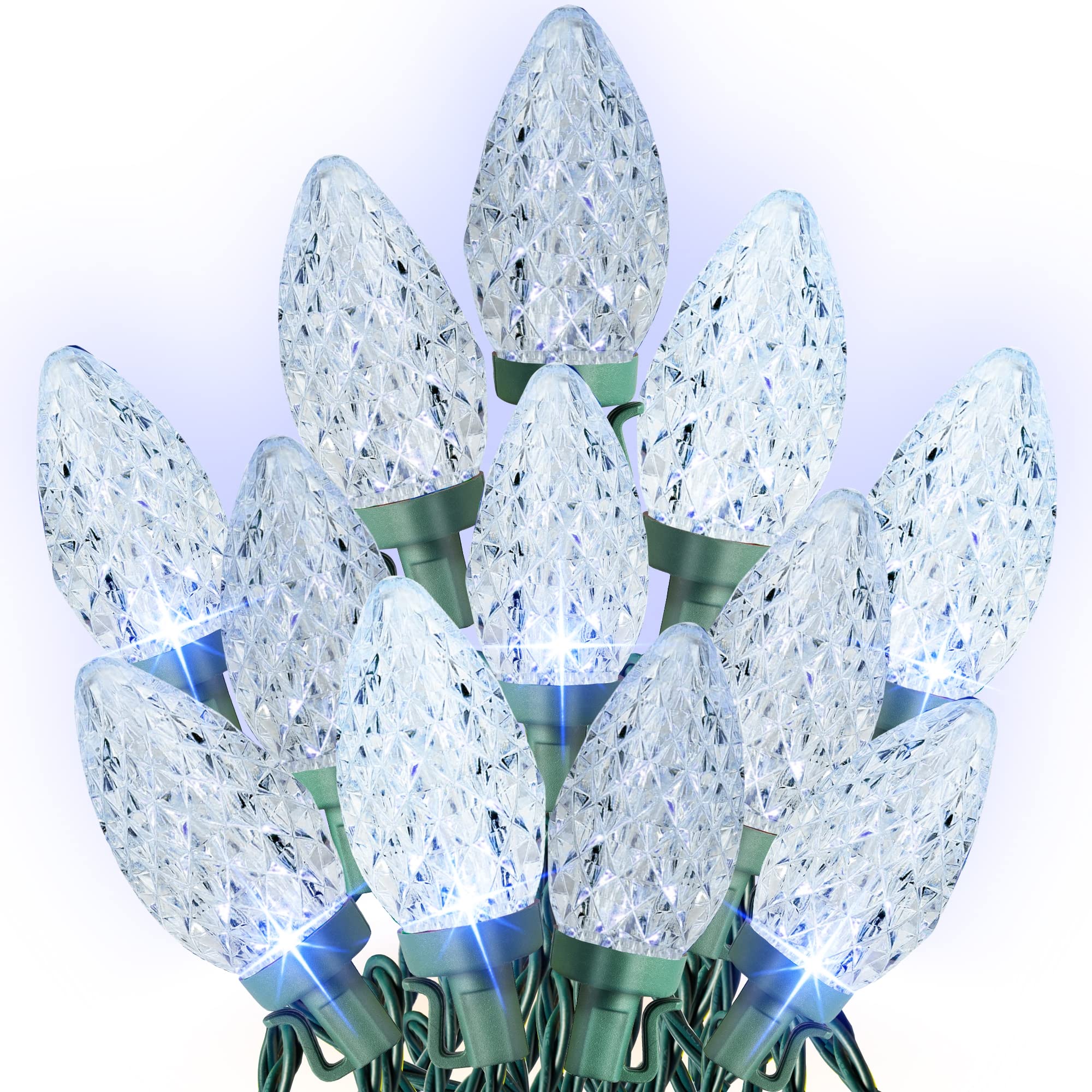 Dazzle Bright C9 Christmas Lights, 50 LED, 33ft Waterproof Green Wire, White, Model ZFD-50W-2/S-F2, Indoor/Outdoor Fairy Lights