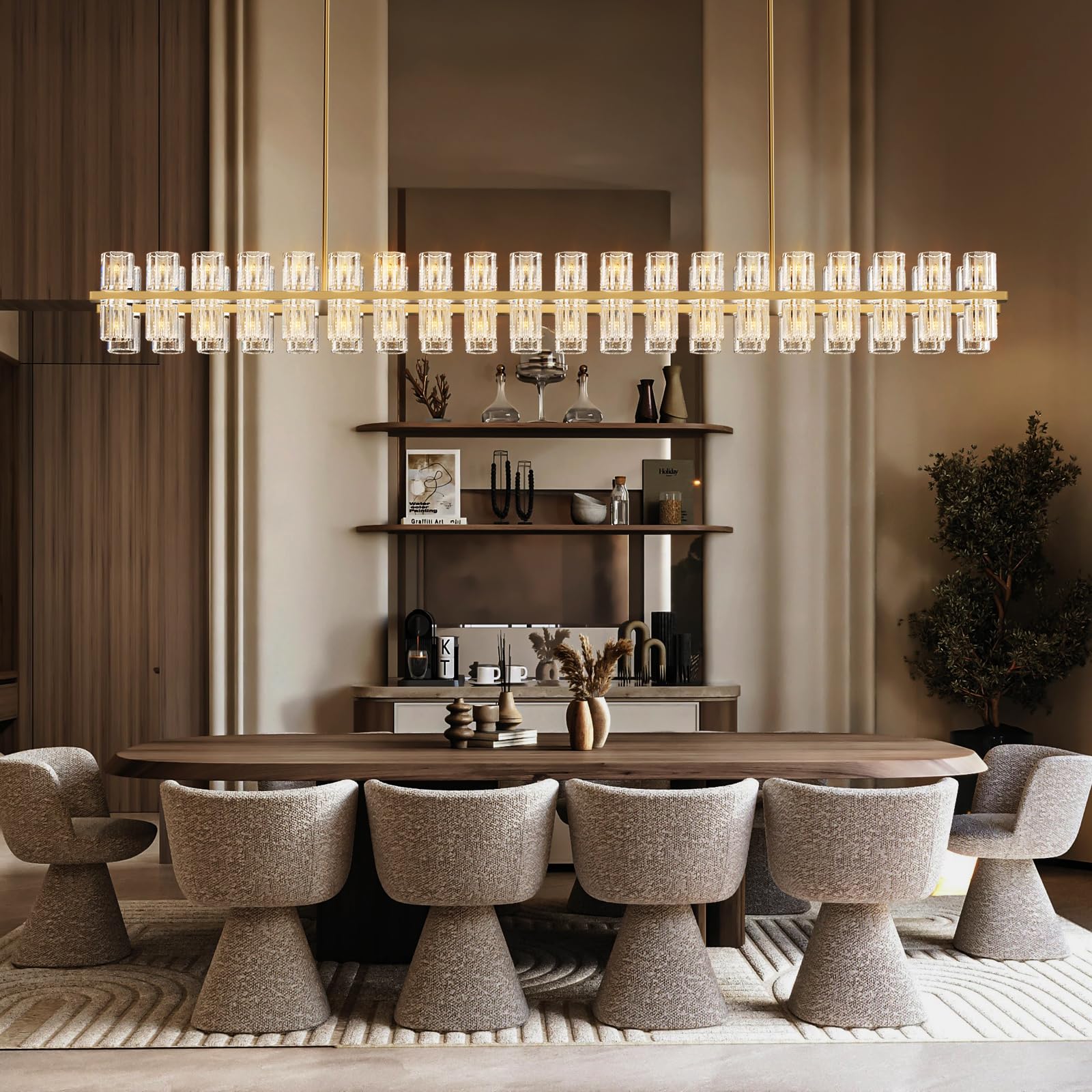 Crystal Brass Rectangular Chandelier Light Fixture,72 In Dining Room Chandelier Over Table,Modern Chandelier For Living Room,Arc