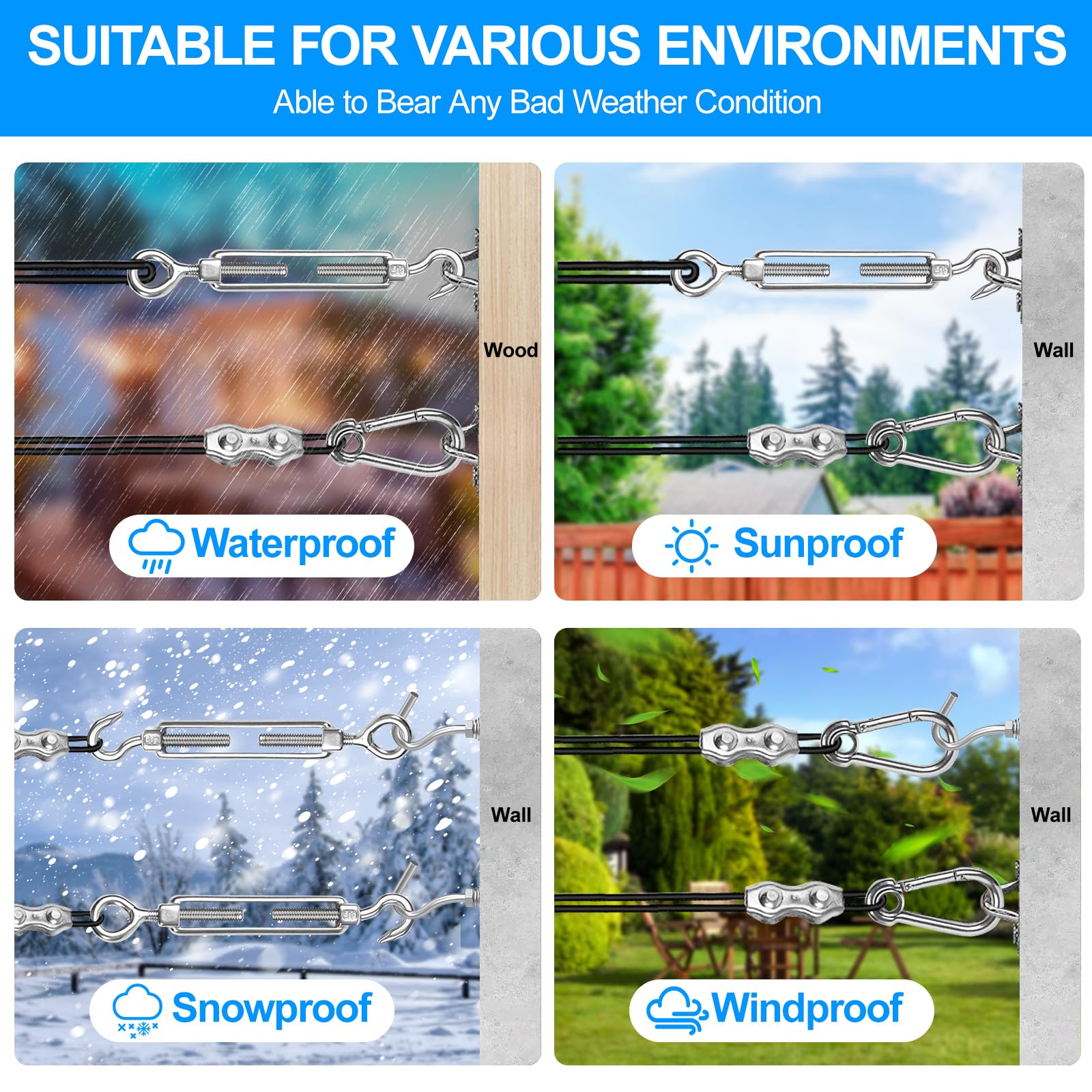 Ugarden Upgraded Outdoor String Light Hanging Kit, 170Ft Globe String Light Suspension Kit W/Expansion Hook, Stainless Steel 304 String Light Guide Wire, Black Guy Wire Kit For Wedding Dinner Barbecue