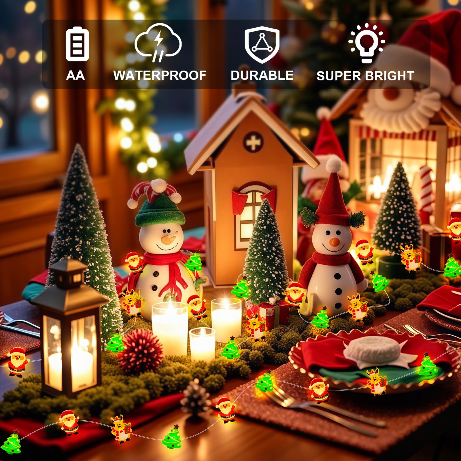 Aogist 2-Pack 50Led Christmas Fairy Lights - 16Ft Bright 3D Santa Claus Christmas Tree Deer String Lights Battery Operated Decor For Indoor/Outdoor Party Home Bedroom Yard Windows Doors Winter Decor