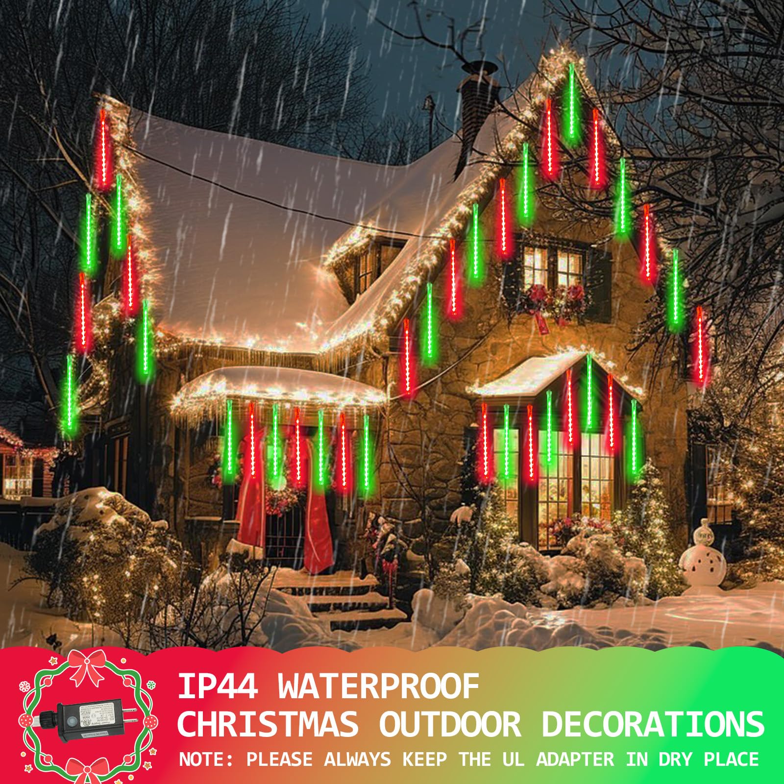 2-Pack Extendable Meteor Shower Christmas Lights Outdoor  16 Tubes 384 Leds Waterproof Falling Rain String Lights  Christmas String Lights Outdoor For Tree Garden Holiday Decorations (Red And Green)