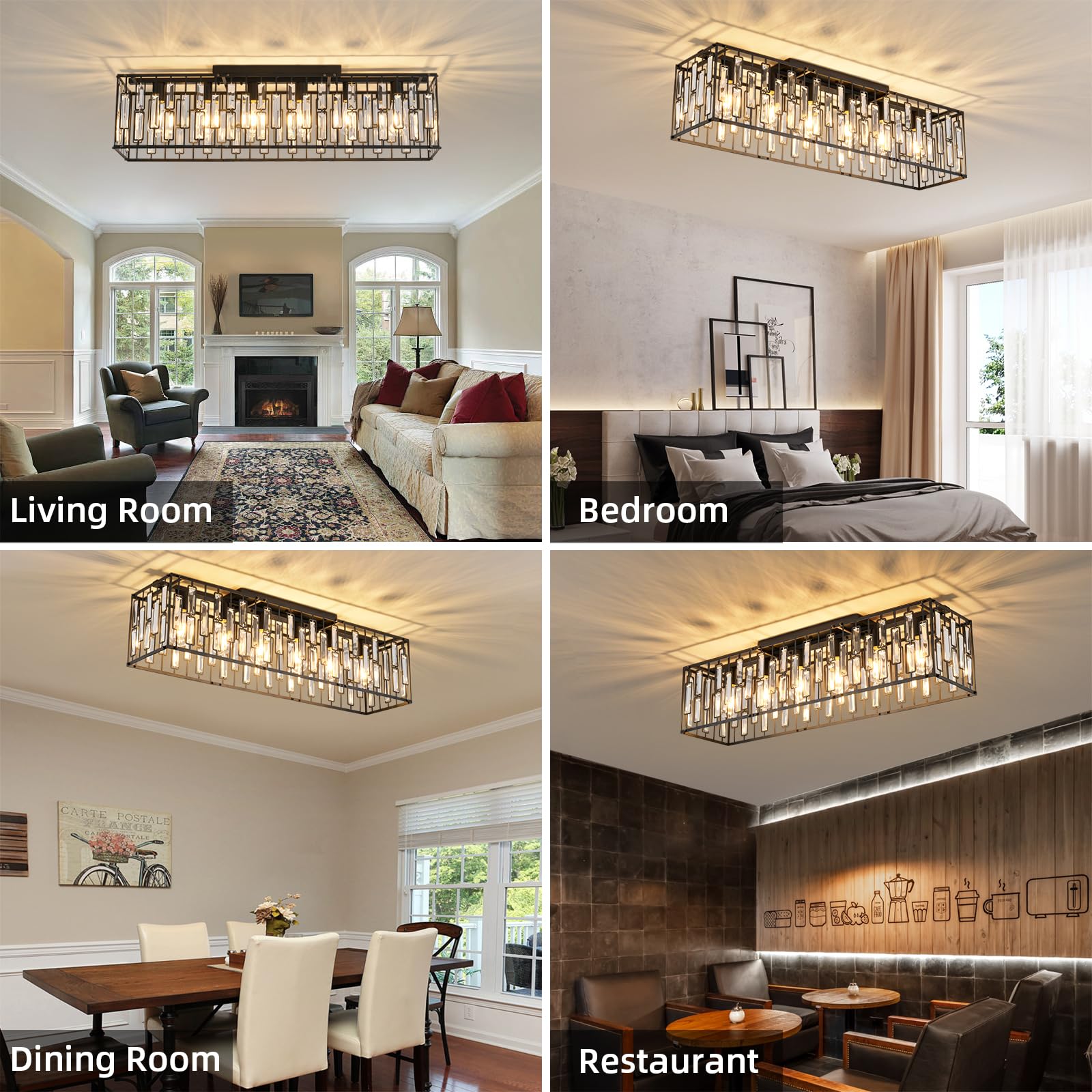 Garwarm 38.7" Modern Black Rectangle 6-Light Crystal Chandelier - Dining Room Flush Mount Light Fixture, Model TT-JD1002B-6