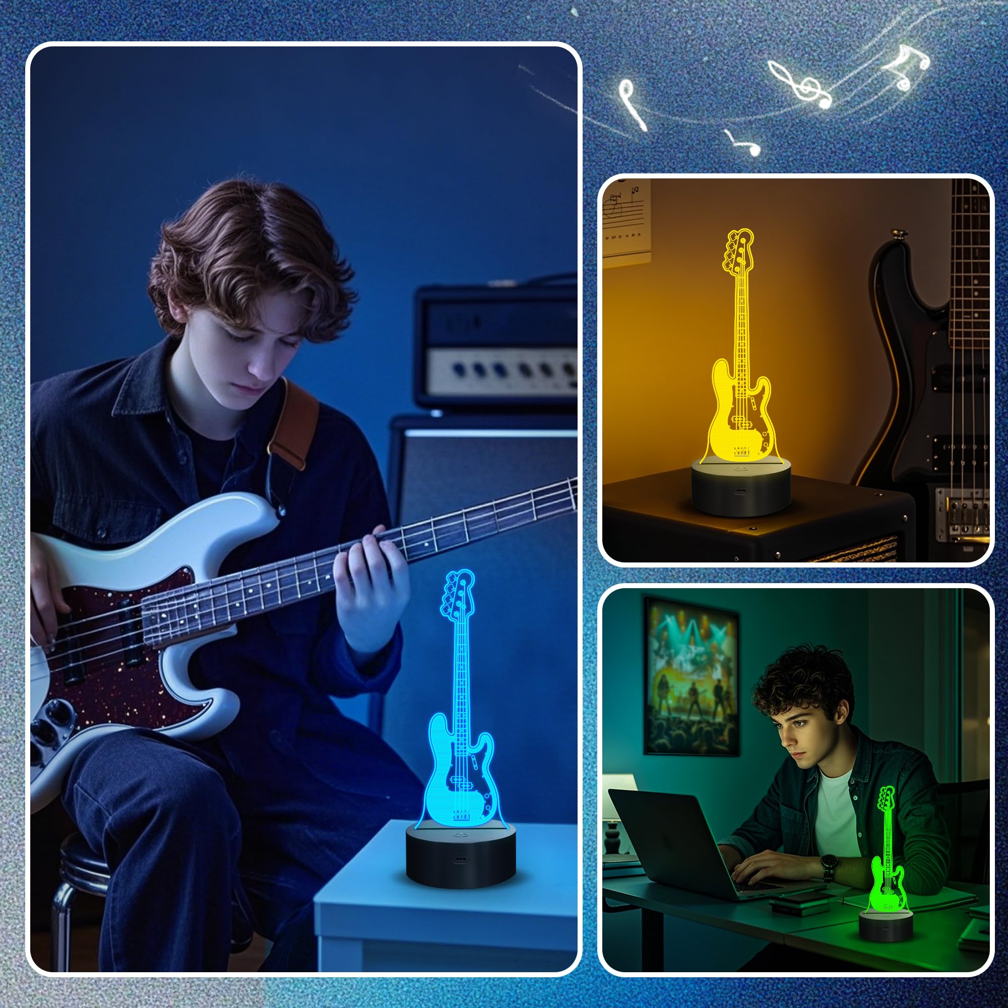 CoolGift Mart Bass Guitar Night Light, 3D LED Optical Illusion Lamp with Remote Control and Timer, Gifts for Bass Guitars Player