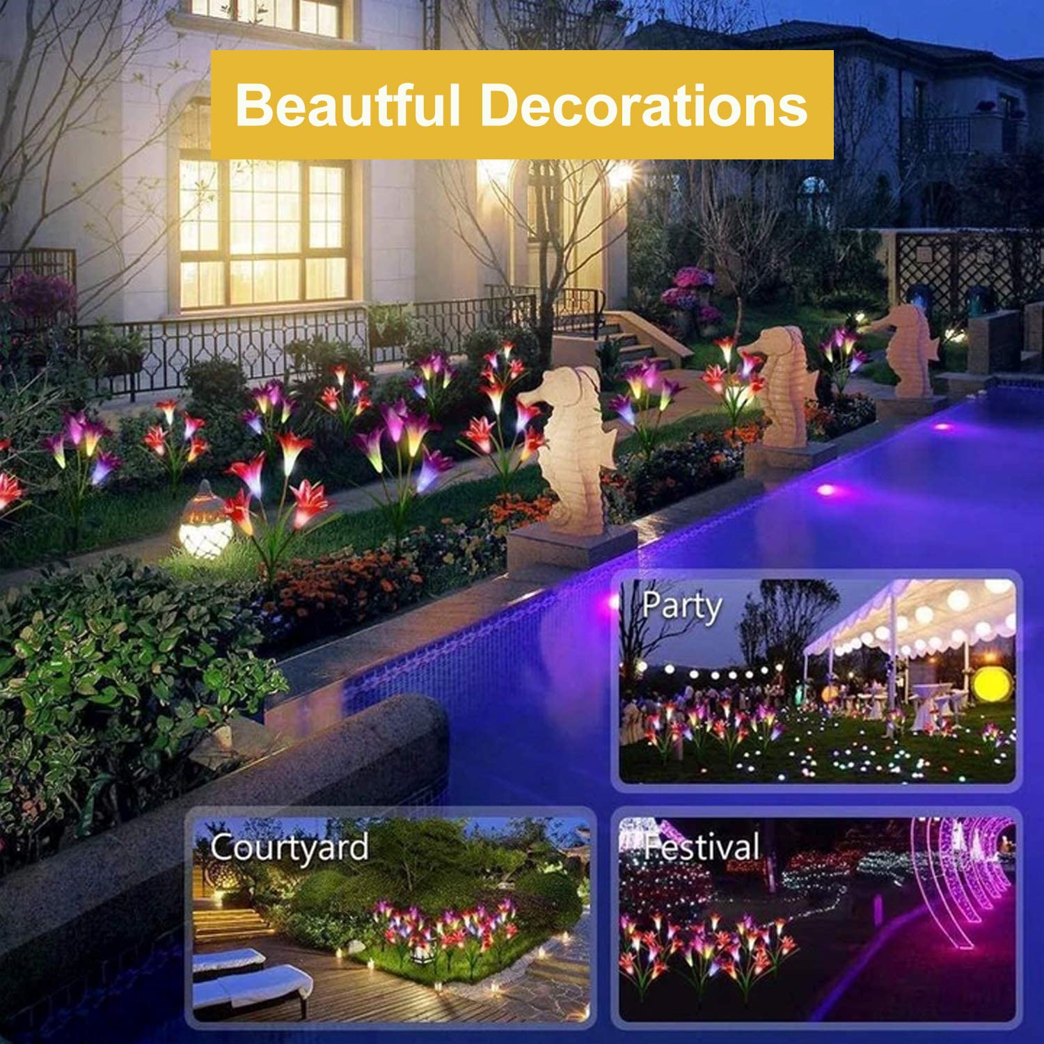 ANGMLN Solar Flowers Lights, 4 Pack, 16in Bigger Head, Multicolor, Garden Stake Decoration, Model 78291127