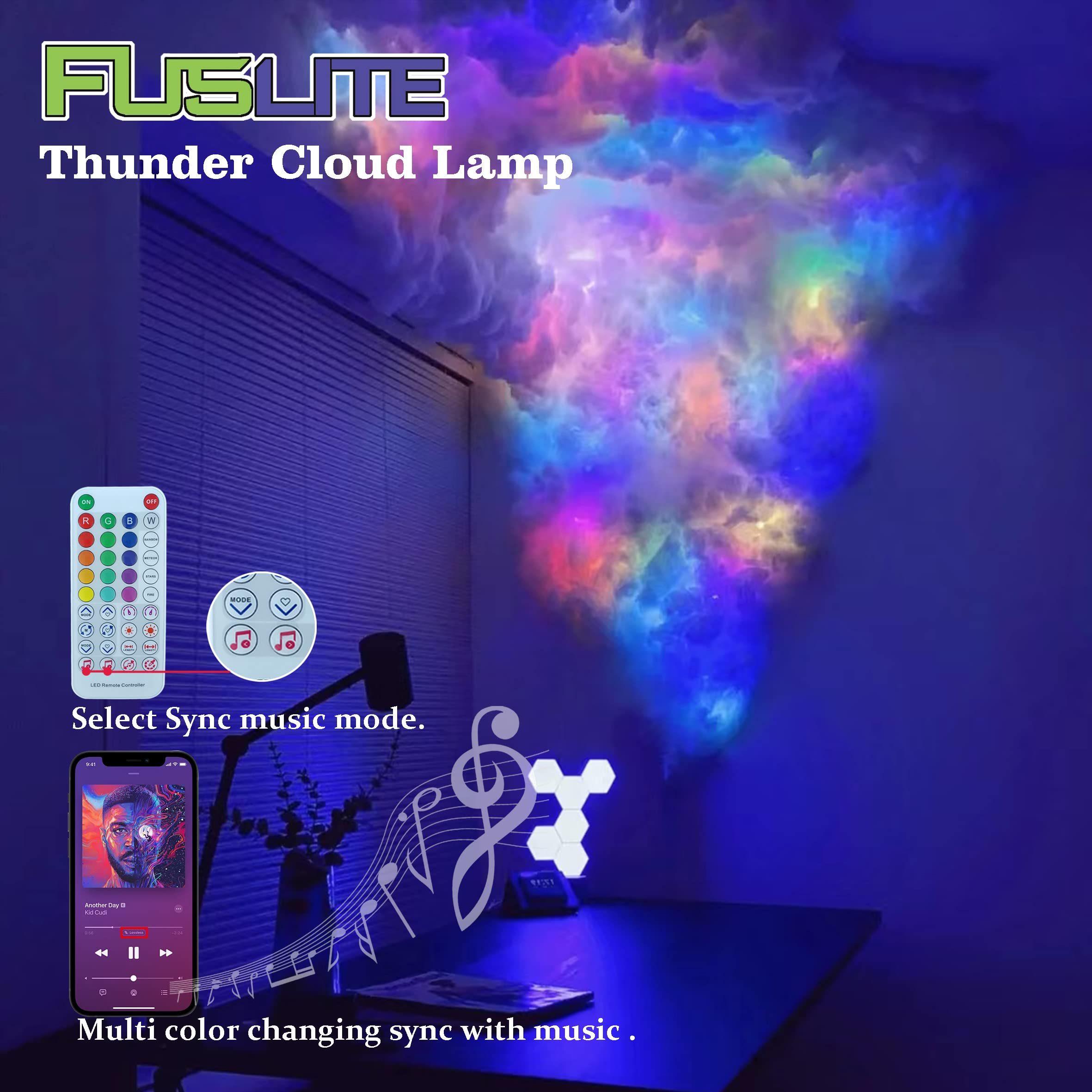 Fuslite 2024 New Cloud Light, 3D Thundercloud Led Light Cotton Lightning Cloud Colorful Atmosphere Night Light, Diy Creative Cloud Lights Gaming Room Garage Club Bar Dj Party Light, 32 Feet