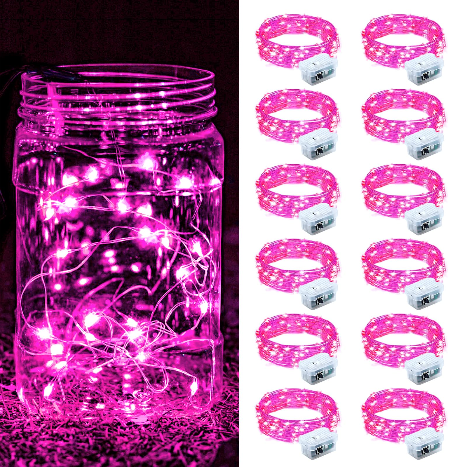 ZGWJ 12 Pack Fairy Lights Battery Operated  7FT 20LED Mini Fairy String Lights Silver Wire 3 Modes for DIY  Parties  Wedding  Bedroom  Halloween Christmas Decoration- Pink