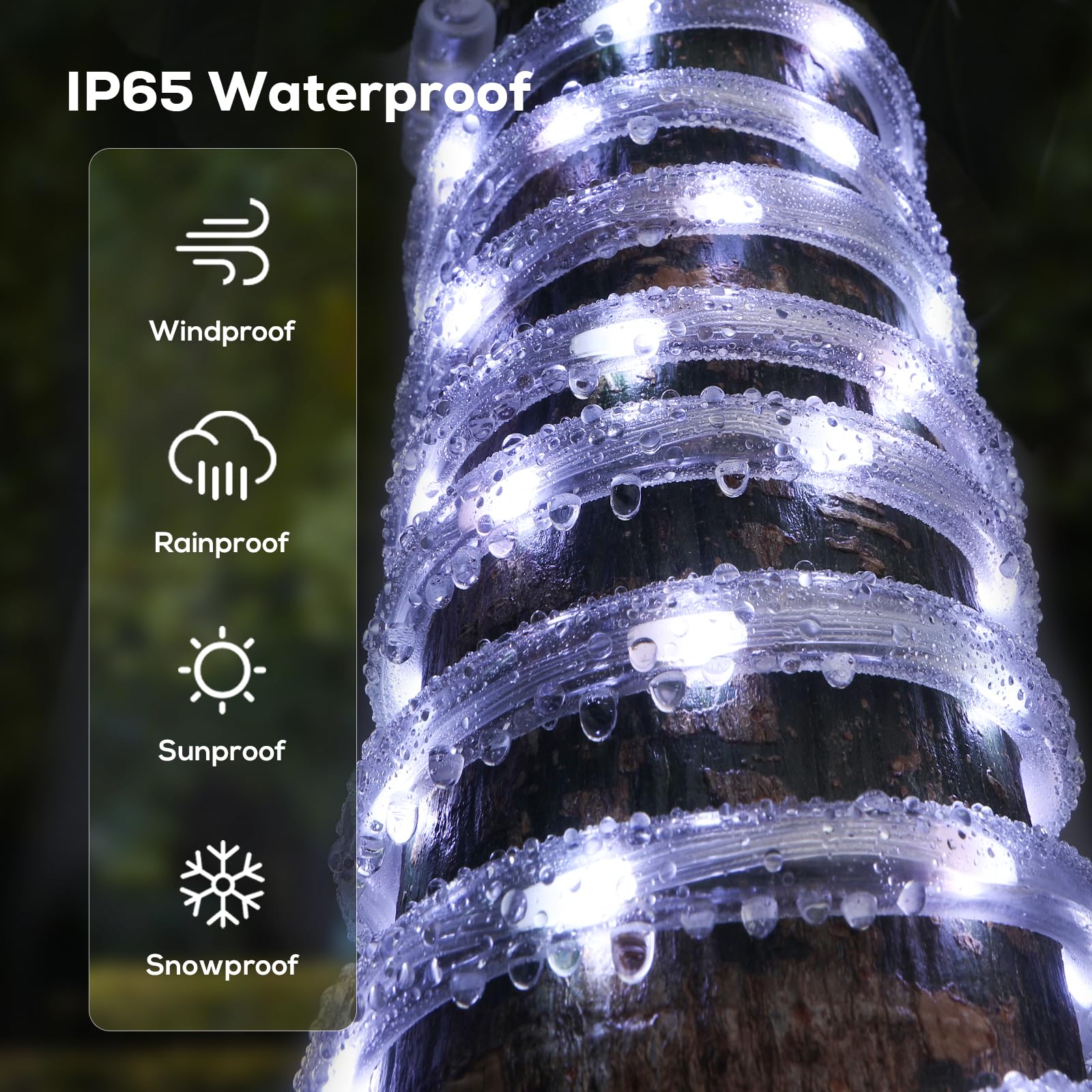 Soiarllt LED Waterproof Rope Lights, 50FT, Cool White, 8 Modes, 4 Brightness, Indoor/Outdoor Decoration, Model SLSL012-1