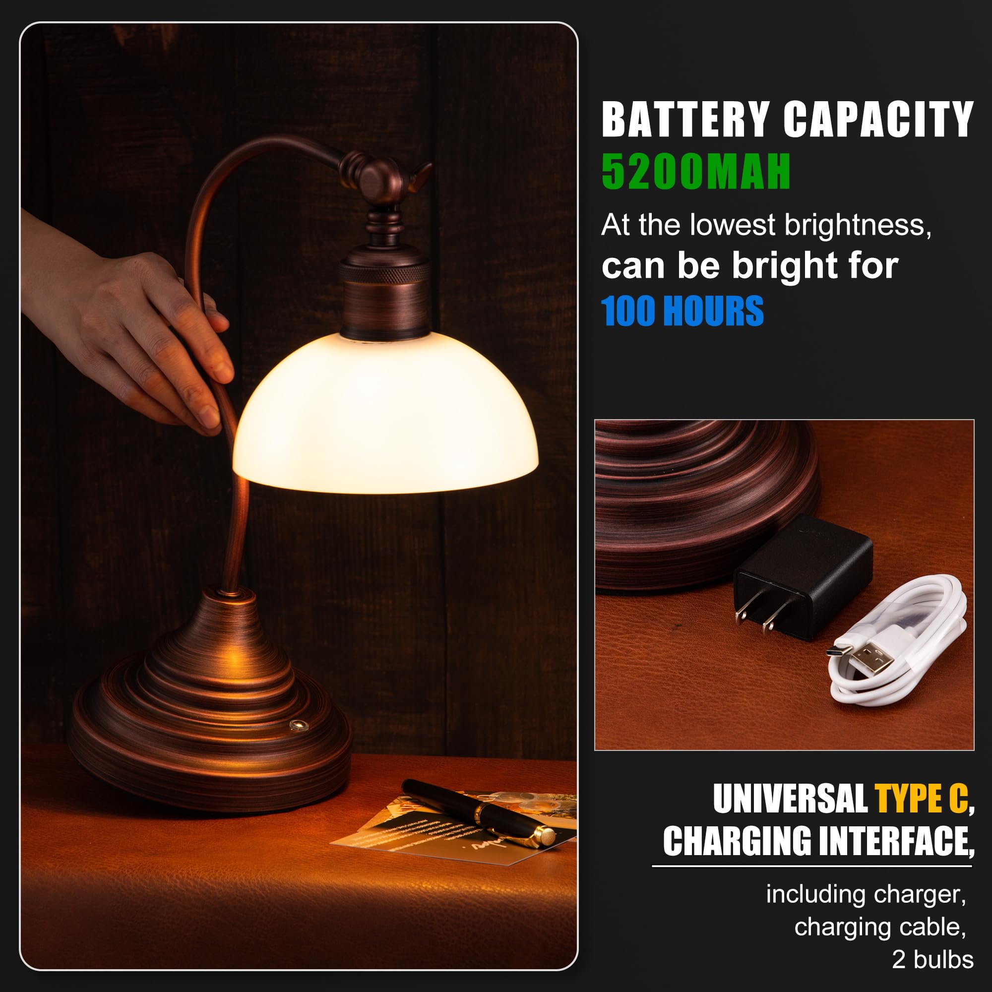 Anxingtools Cordless LED Table Lamp - Rechargeable, 3-Level Dimming, 180° Swivel Head, Oil Rubbed Bronze-White Glass, Model AN Table lamp 05