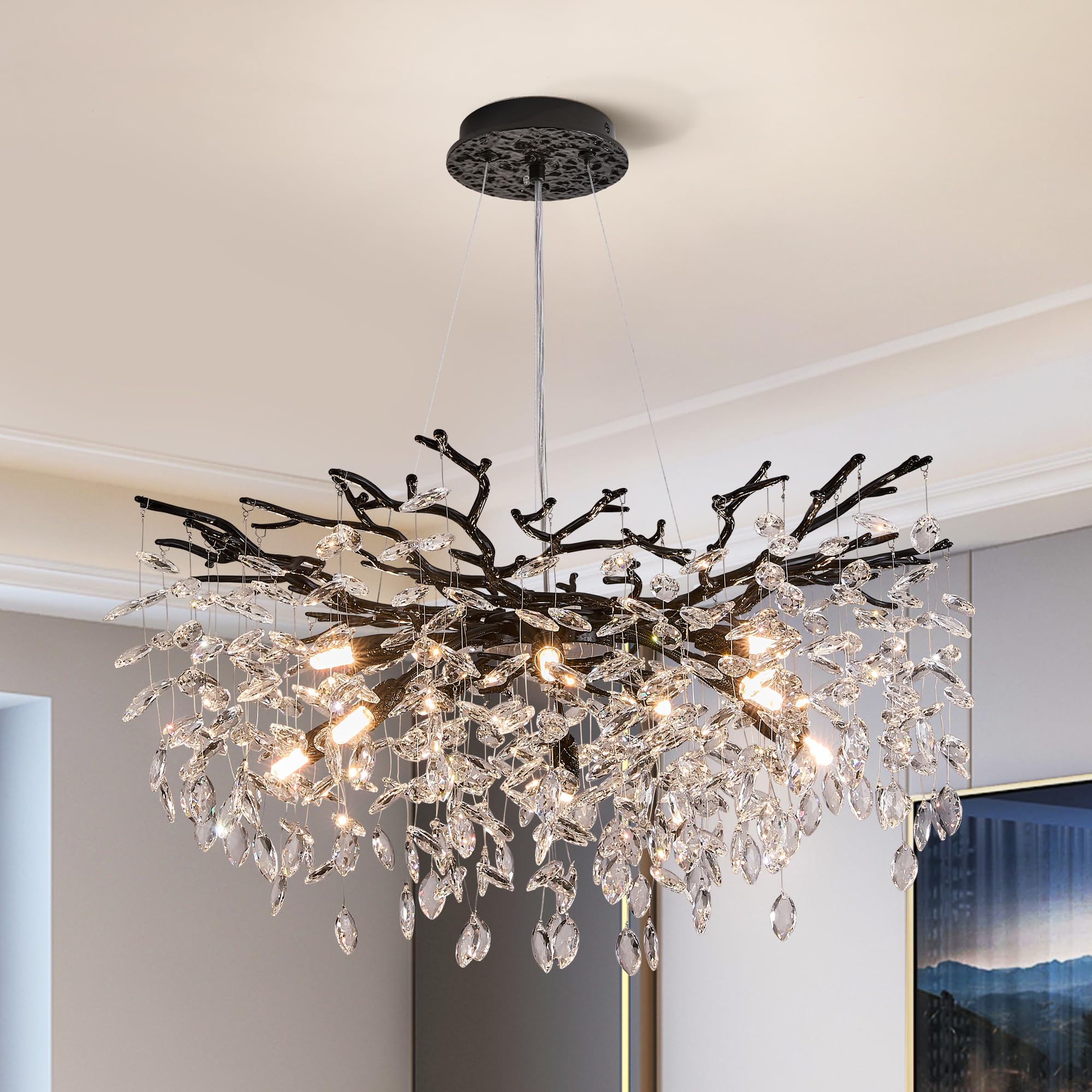 Modern Tree Branch Crystal Chandelier Luxury Black Crystal Pendant Lighting 30'' Contemporary 10-Light Chandeliers for Dining Ro