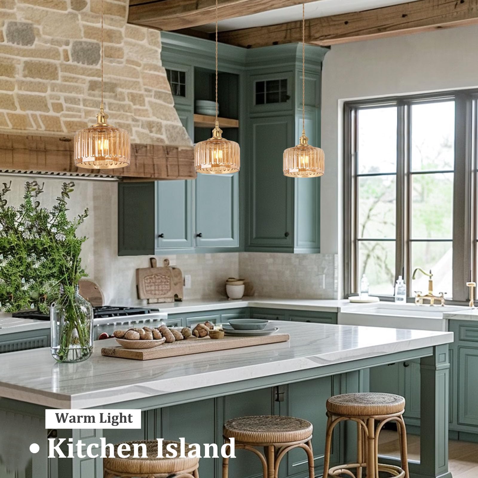 Shenmoyl Pendant Light 2 Pack With Amber Striped Glass Lmapshade, Brass Vintage Pendant Light Adjustable Hanging Light For Kitch