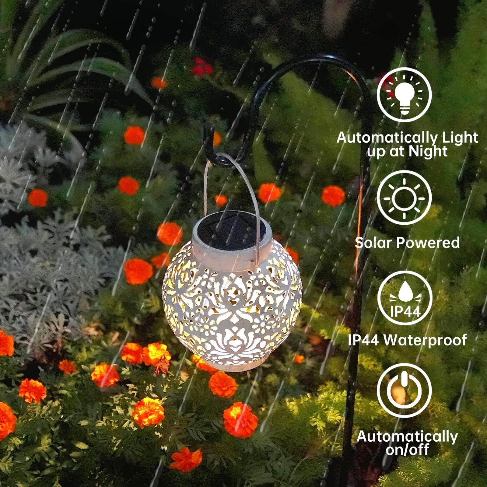 EXCMARK Set of 2 Outdoor Solar Hanging Lanterns, Metal LED Decorative Lights, Hollowed-Out Design, White, Floral Model