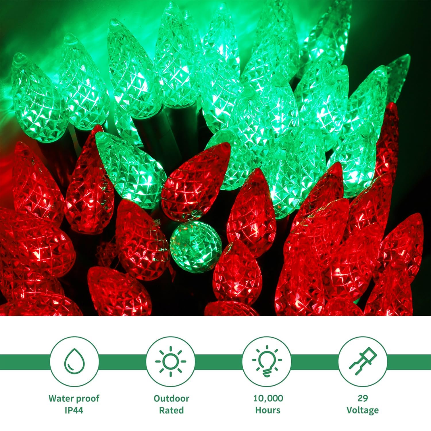 Waterglide C6 Christmas Lights, 33Ft 100 Led Faceted String Lights Green Wire Fairy Lights With Safe Adaptor, 8 Lighting Mode, W