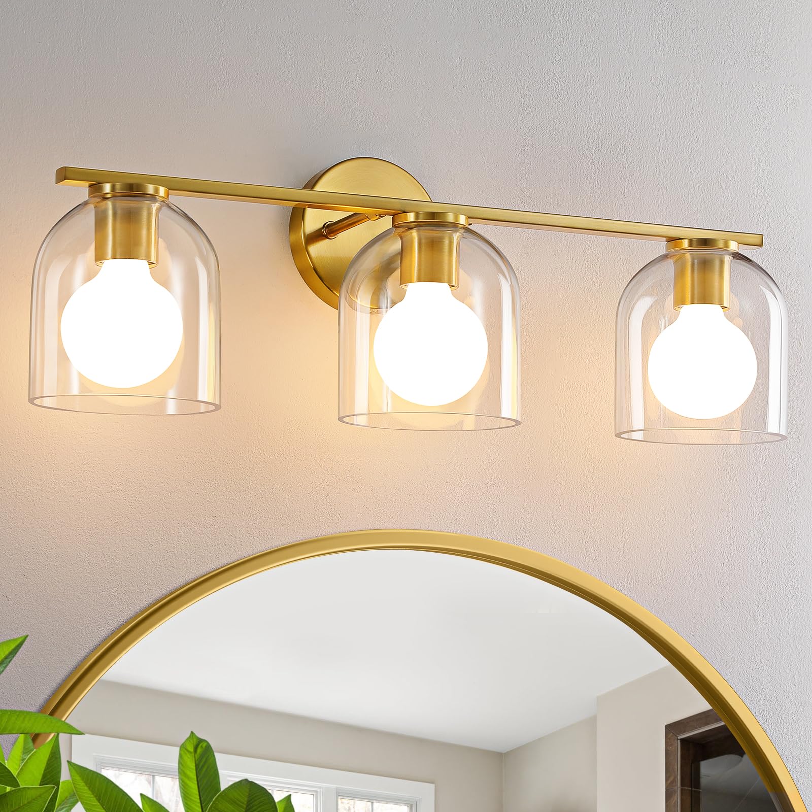 Woshitu Bathroom Vanity Light Fixtures: 23.3 Inch Modern Brushed Gold Bathroom Light Fixtures Over Mirror With Clear Glass Shade