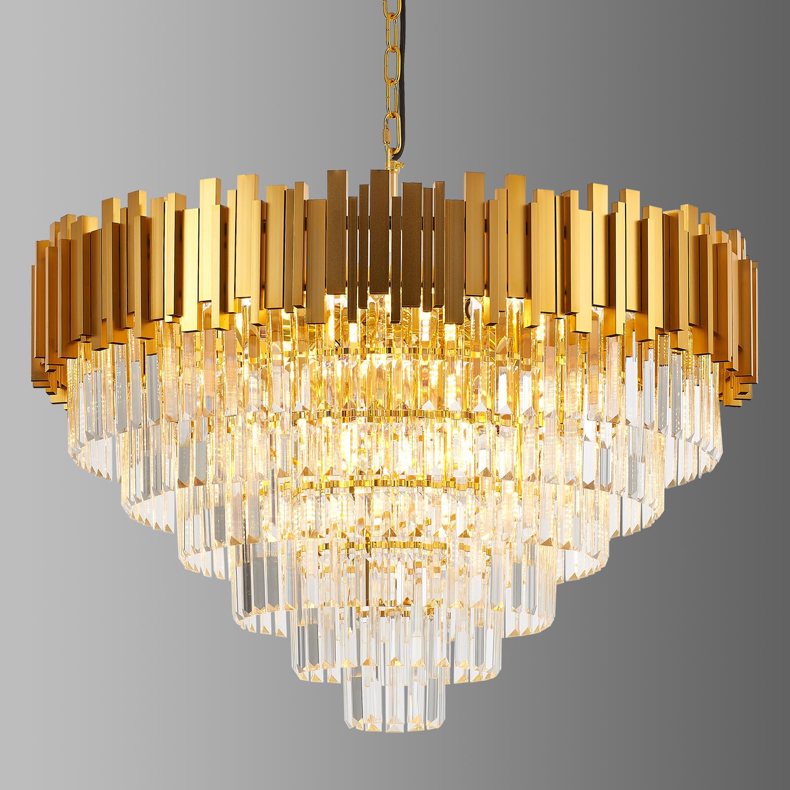 Brfaixla 18-Lights 6 Tiers Gold Crystal Chandeliers stylish 31.5 Modern Crystal Pendant Chandelier Round Hanging Lighting For Living Room Foyer High Ceiling Bedroom Restaurant
