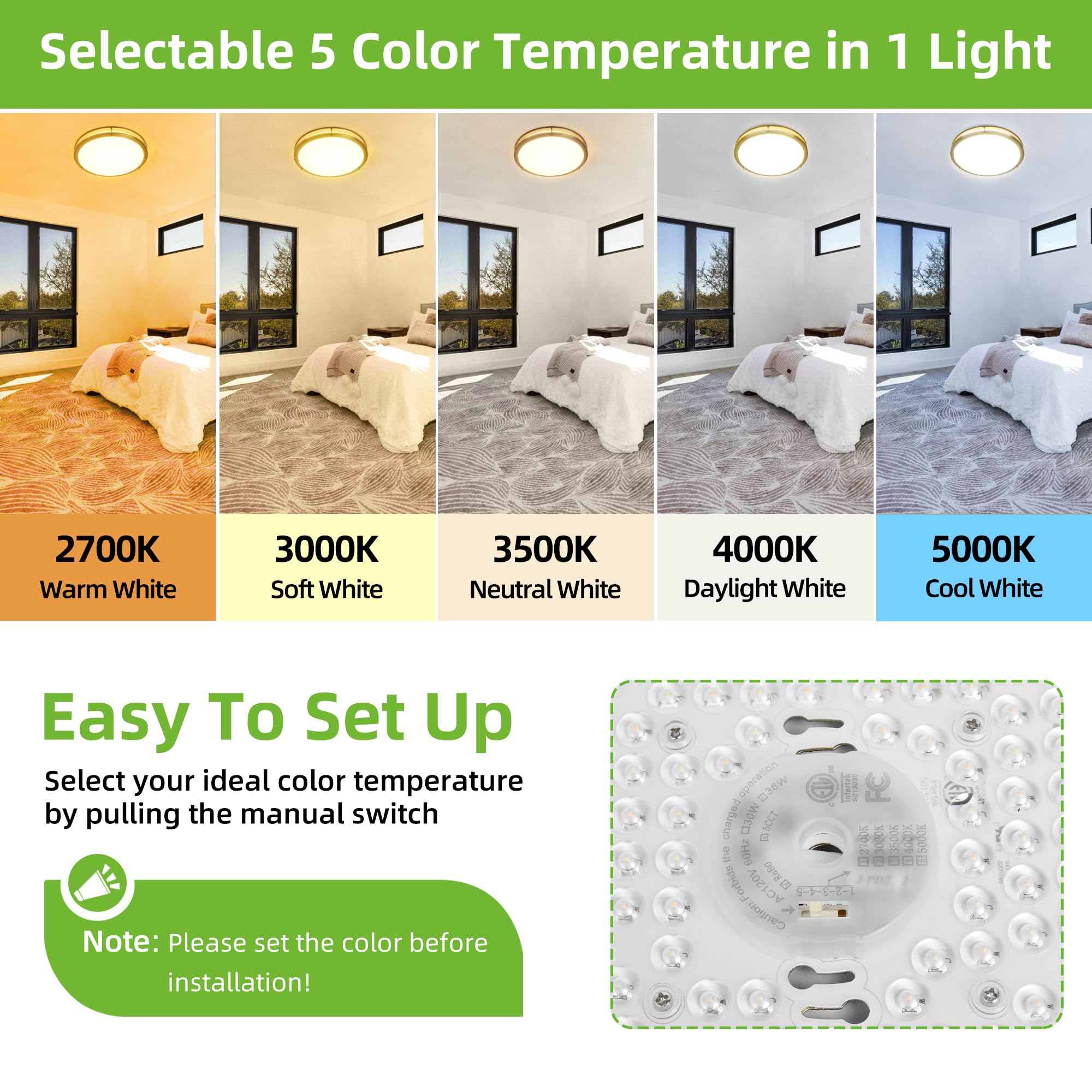 Hykolity 16 Inch Dimmable Led Flush Mount Ceiling Light Fixture, Gold, 36W, 2200Lm, 2.7/3/3.5/4K/5K Adjustbale, 120?Light Angle,