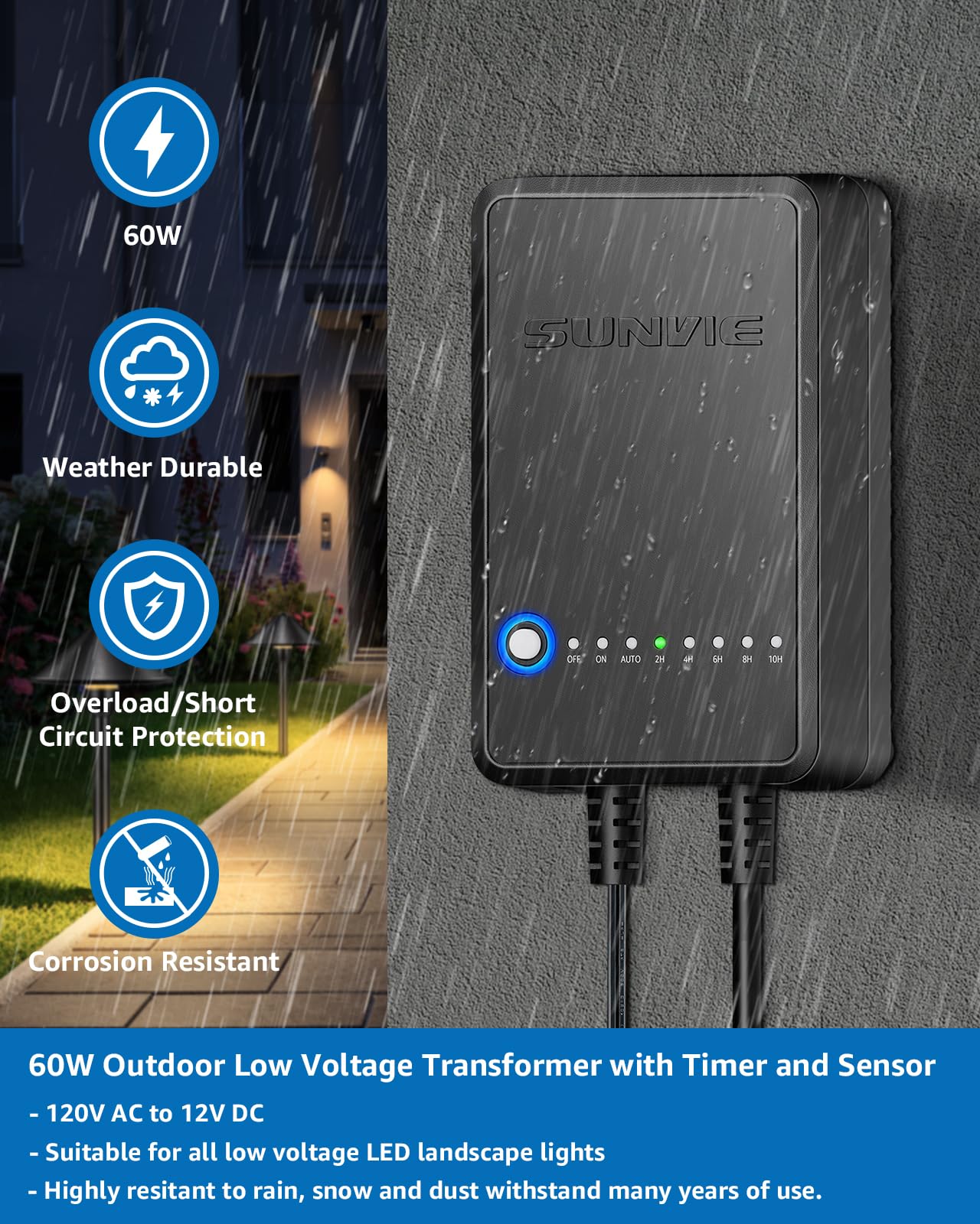 SUNVIE 60W Low Voltage Transformer - Weatherproof Landscape Lighting with Timer & Photocell Sensor, Black