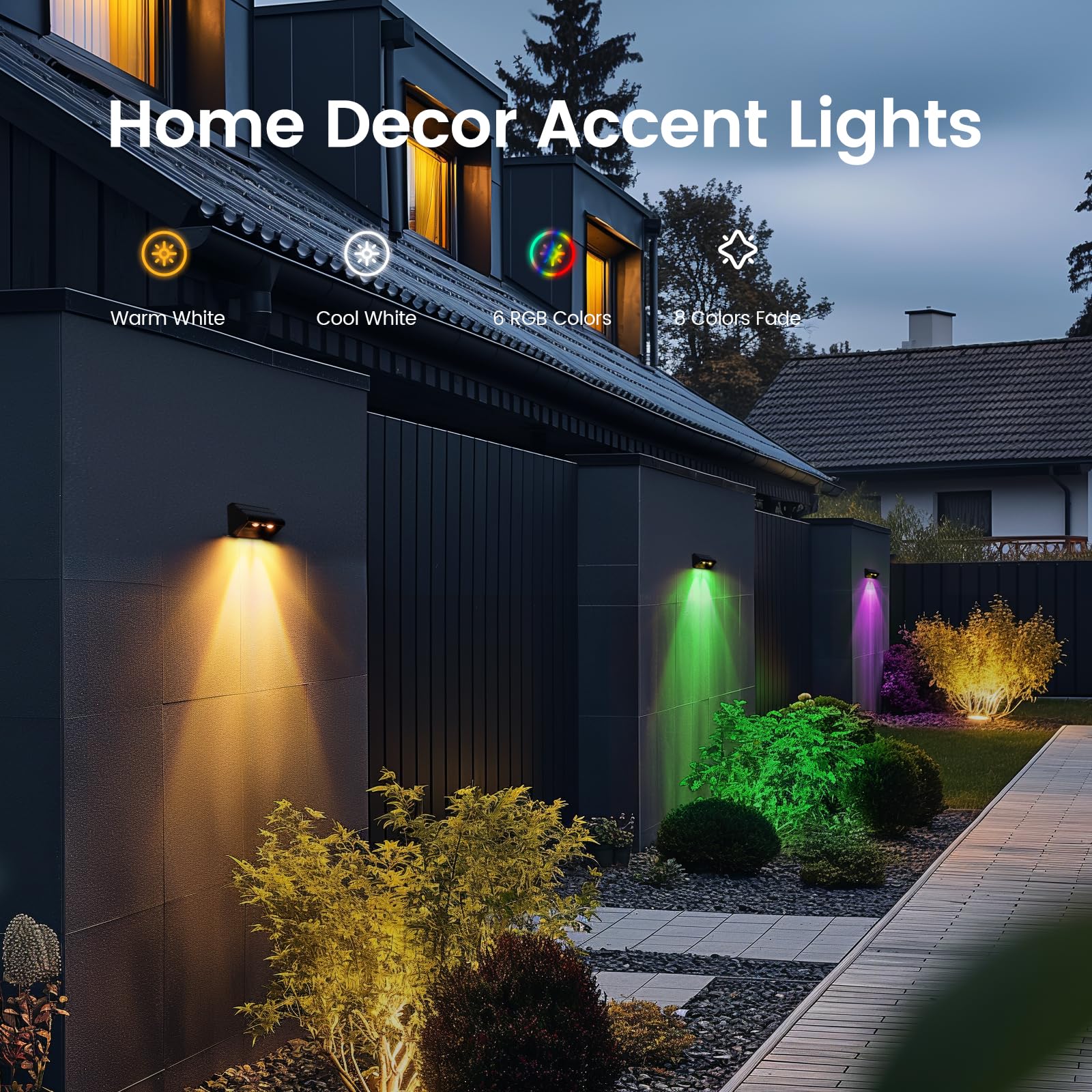 Bridika Solar Fence Lights Outdoor, 12 Pack LED Warm White & RGB, Black, Waterproof, Model QS31071