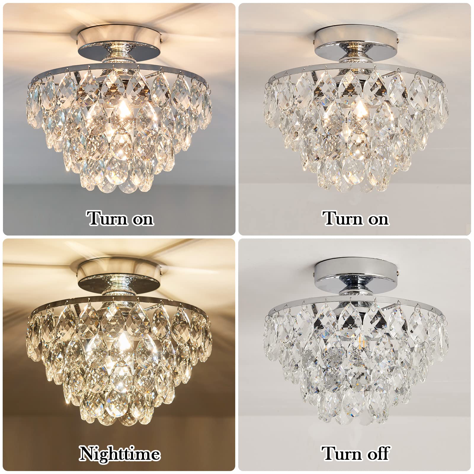Yyjlx Modern E26 Silver Crystal Chandelier Semi Flush Mount Ceiling Light For Hallway & Bedroom