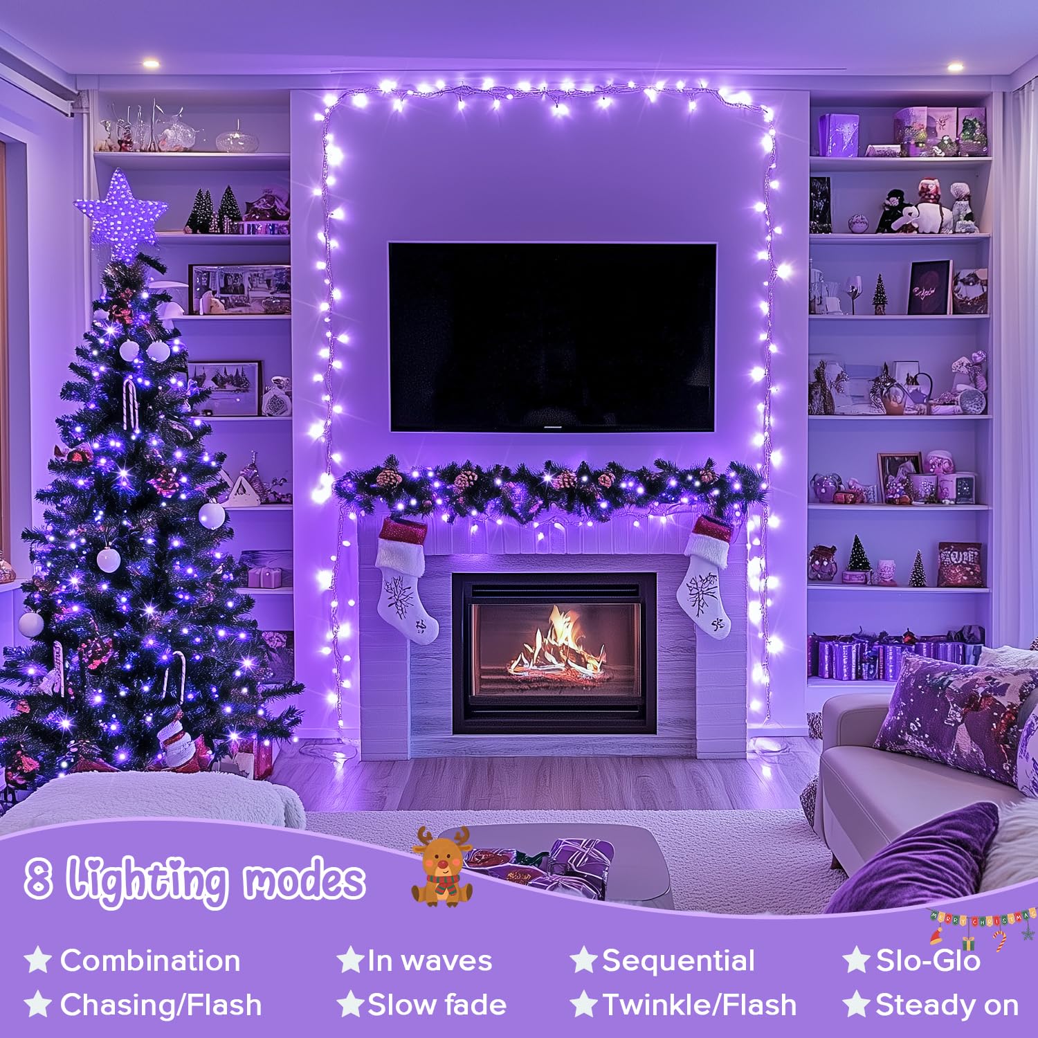 Jmexsuss 2 Pack 100 Led Purple Christmas Lights Indoor  33Ft Clear Wire Purple String Lights Outdoor Waterproof  8 Modes Connectable Christmas Tree Lights For Xmas Tree Yard Bedroom Porch Decorations
