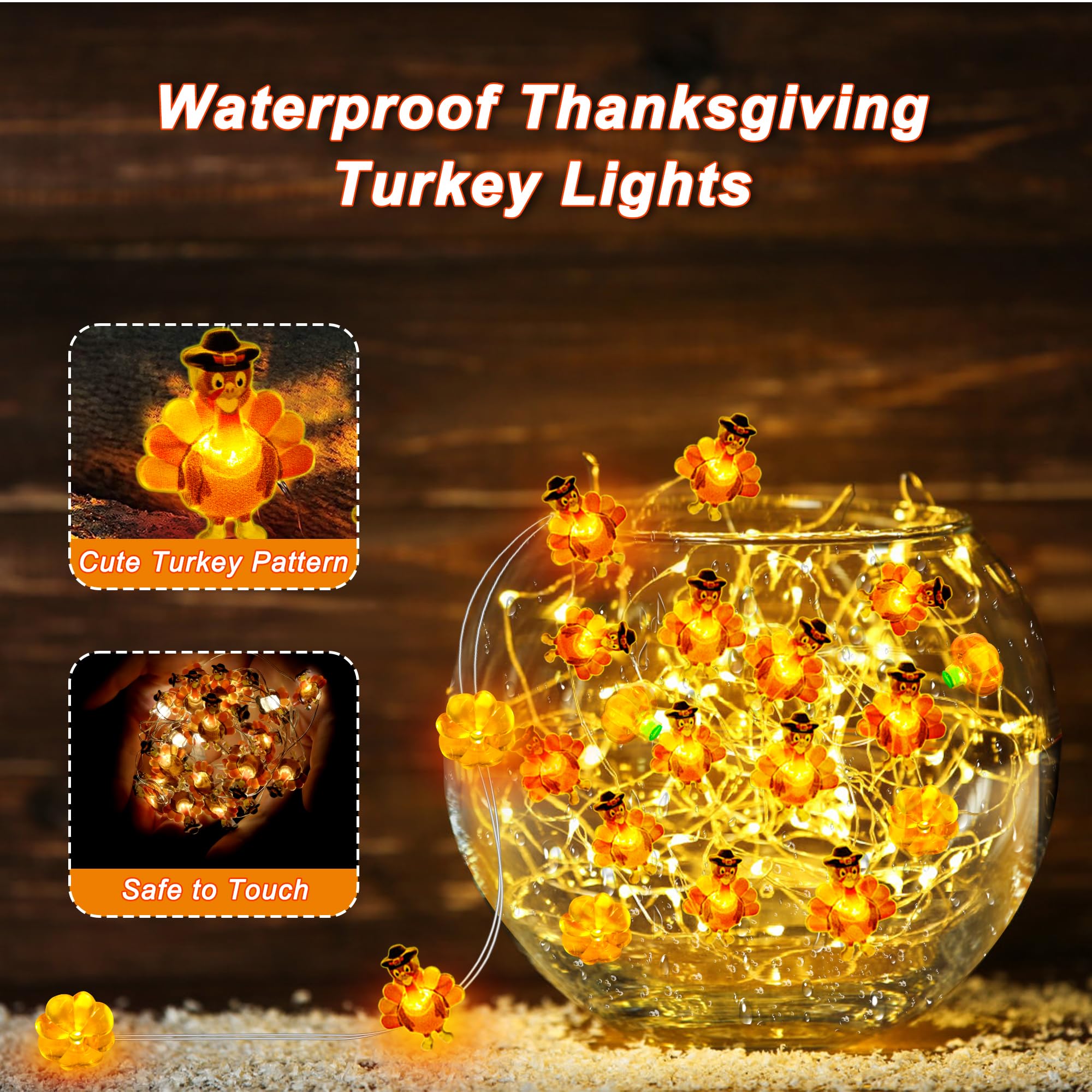 Grastfu Thanksgiving String Lights, 10 Ft 30 LED, Battery Operated, Copper Wire, Brown & Yellow, Model THX-GE-3