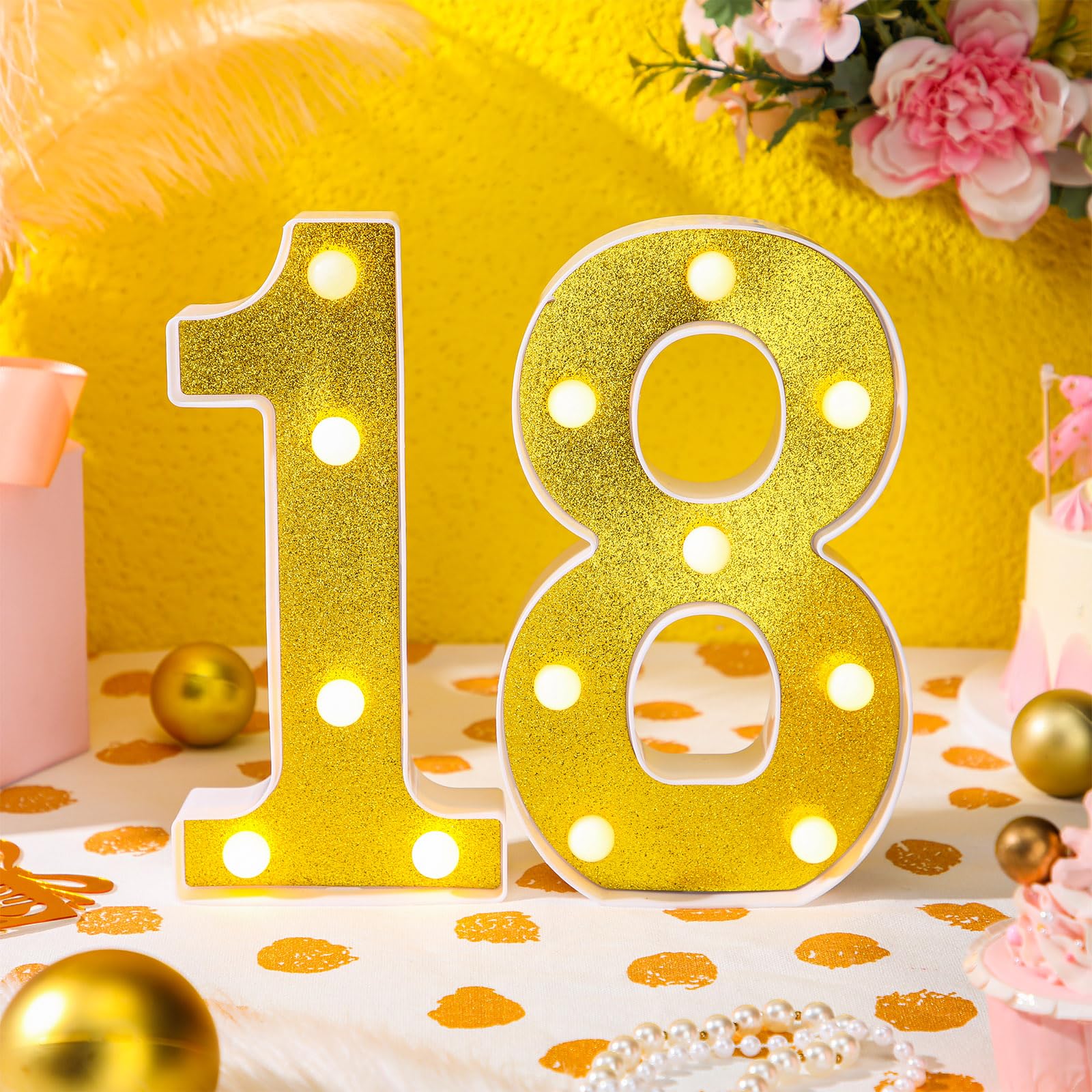 Treela LED Birthday Number Sign, 8.7'' Glitter Marquee for 18th Anniversary Party, Gold PP Material Centerpiece