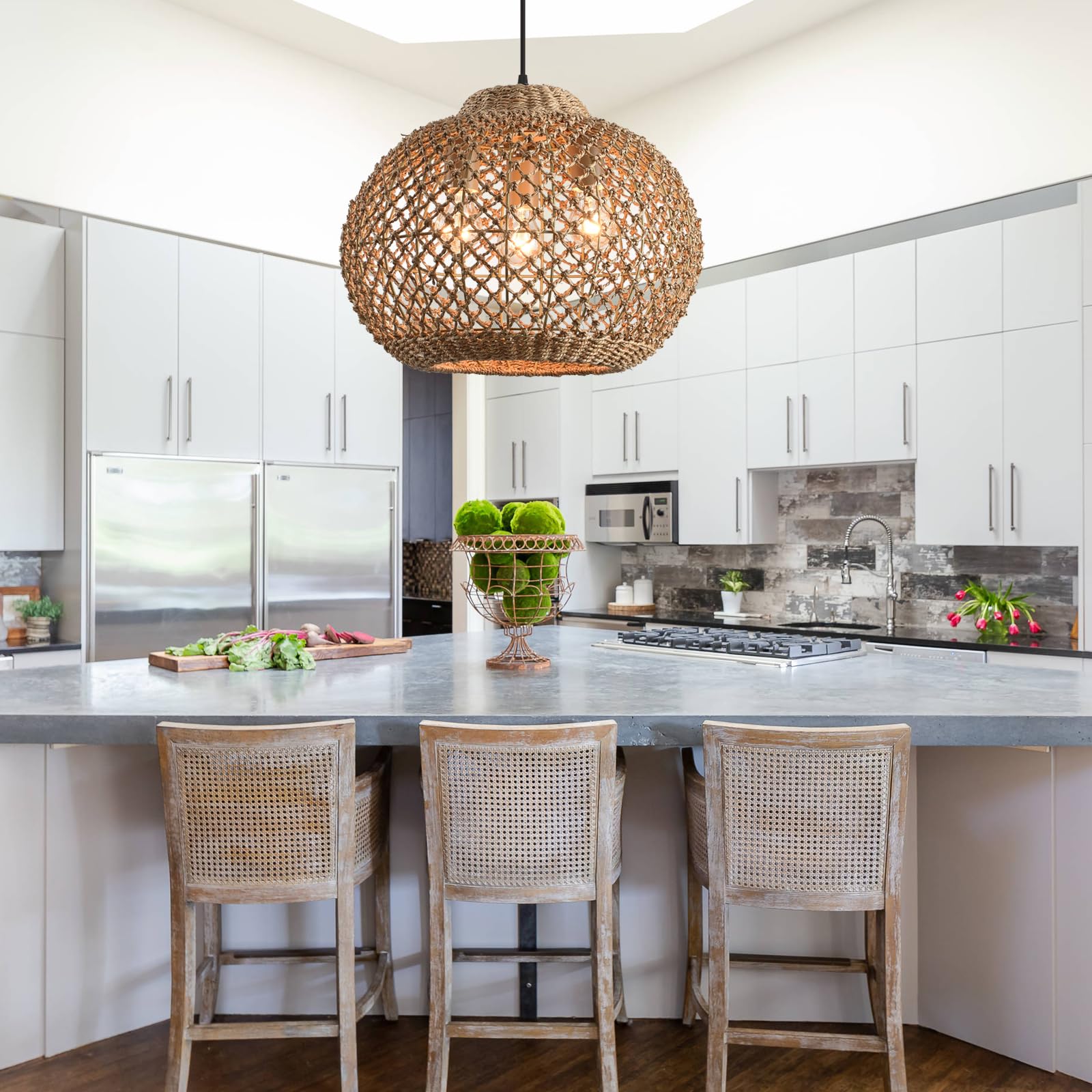 Teru Ji Kaikang 17'' Rattan Pendant Light,3-Light Boho Hand Woven Wicker Seagrass Hanging Light Water Plants Rattan Chandelier F