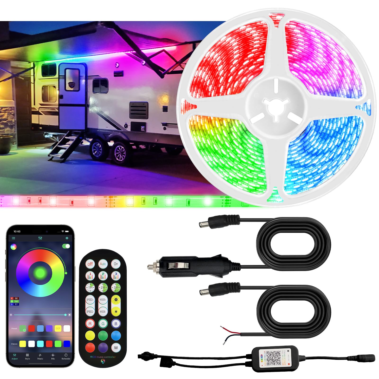 Yiswhis 16.4FT RV Awning Lights, 12V LED Light Strip, Waterproof, Remote & APP Control, Multicolor, Model YIS-RV5M-RGBLIGHT