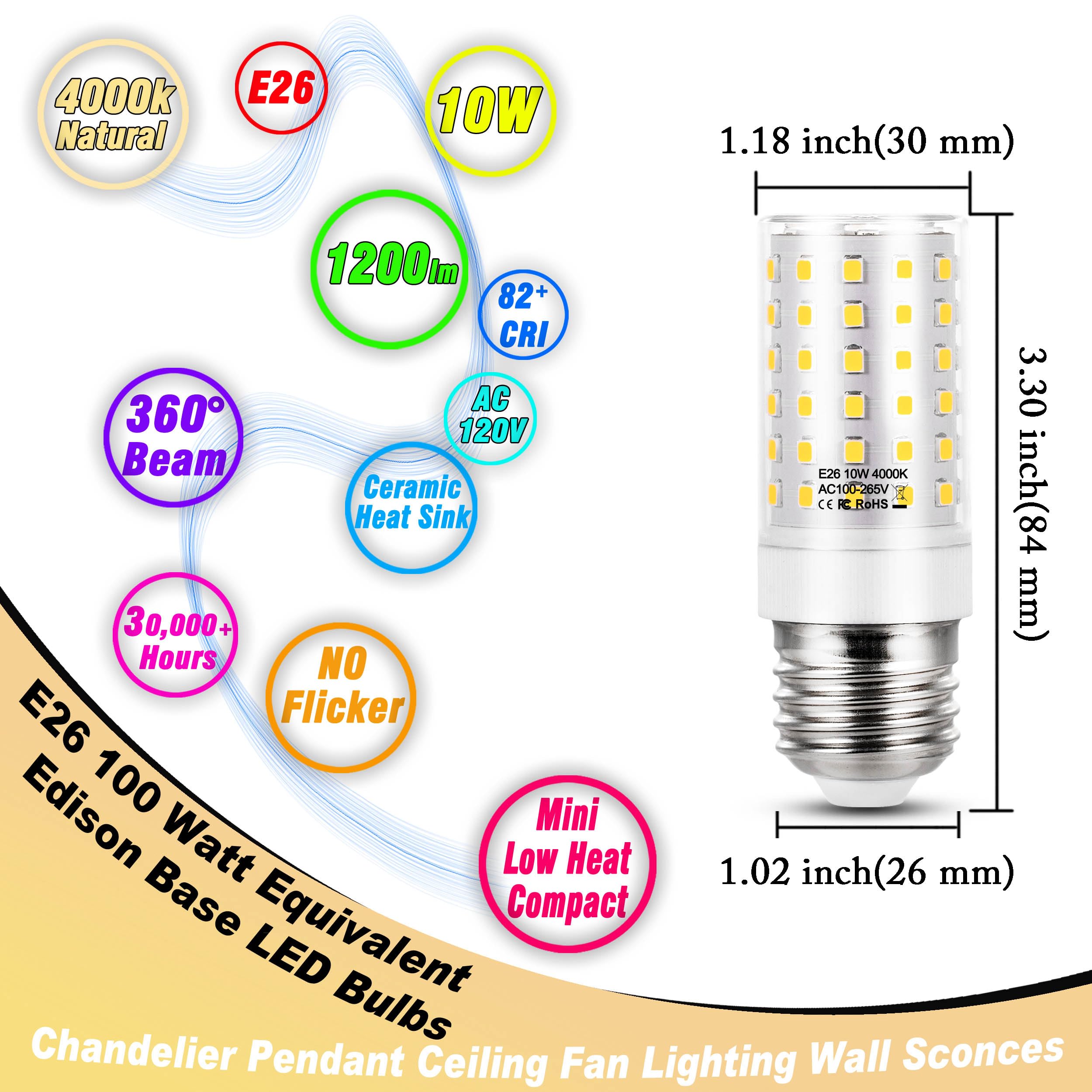 Heifymi E26 10W LED Candelabra Bulb 4000K Natural White 1200lm Equivalent for Chandelier, Ceiling Fan, Wall Sconces - 2 Pack