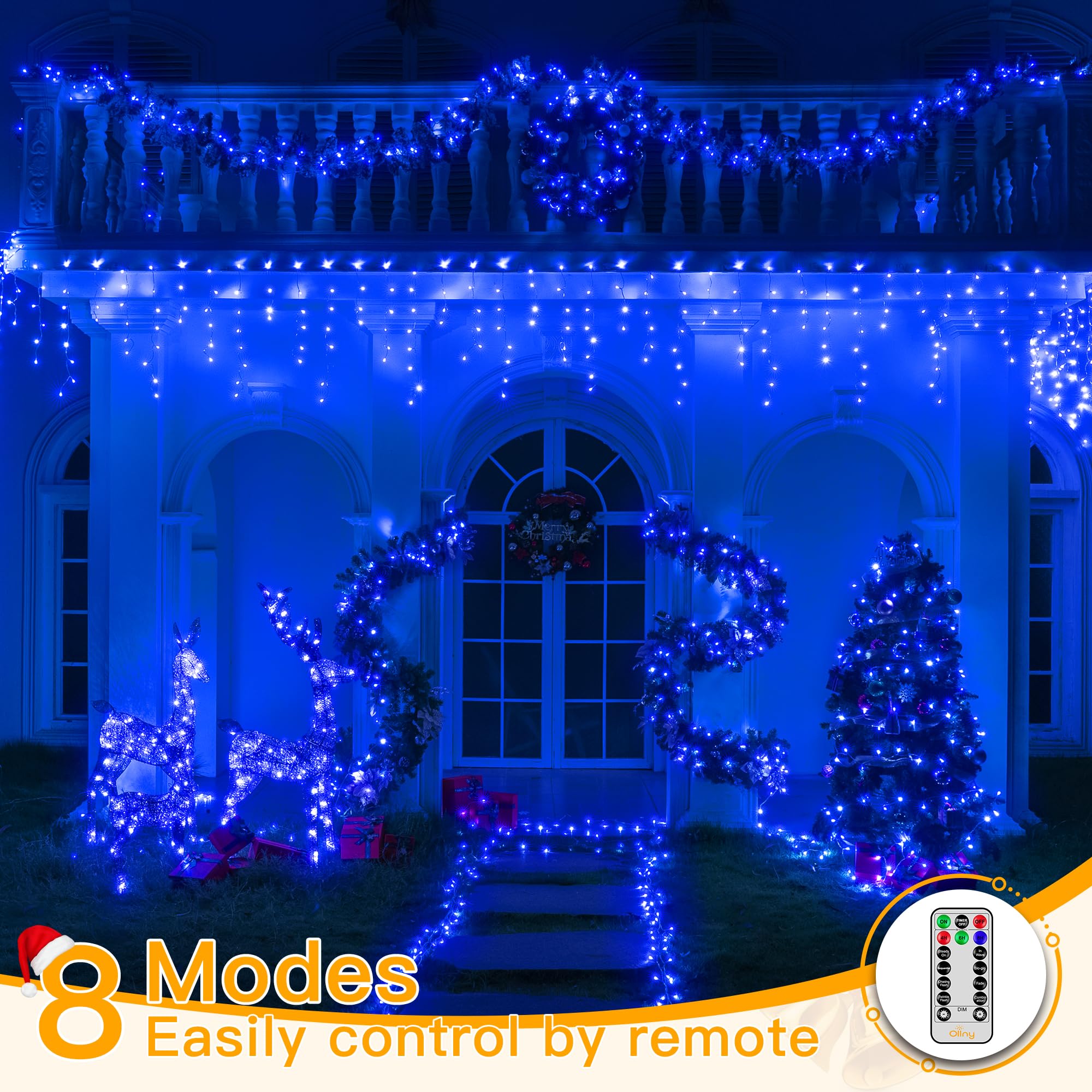 Ollny Blue Icicle Lights 396LED 32FT with Remote, 8 Modes, Waterproof for Indoor/Outdoor Holiday Decor