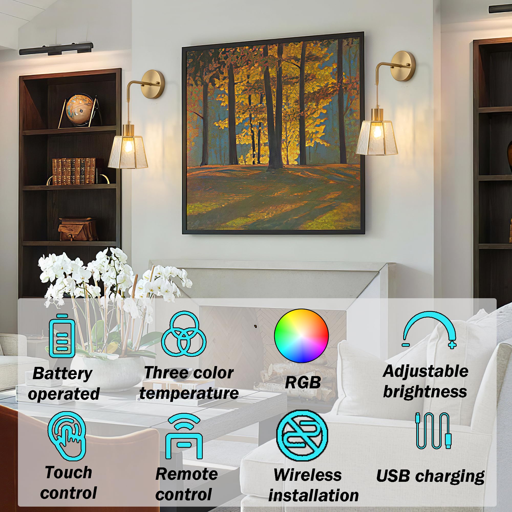 YHCDLAMP Battery Operated Wall Sconces Set of 2, RGB Color Changing, Remote Control, Transparent
