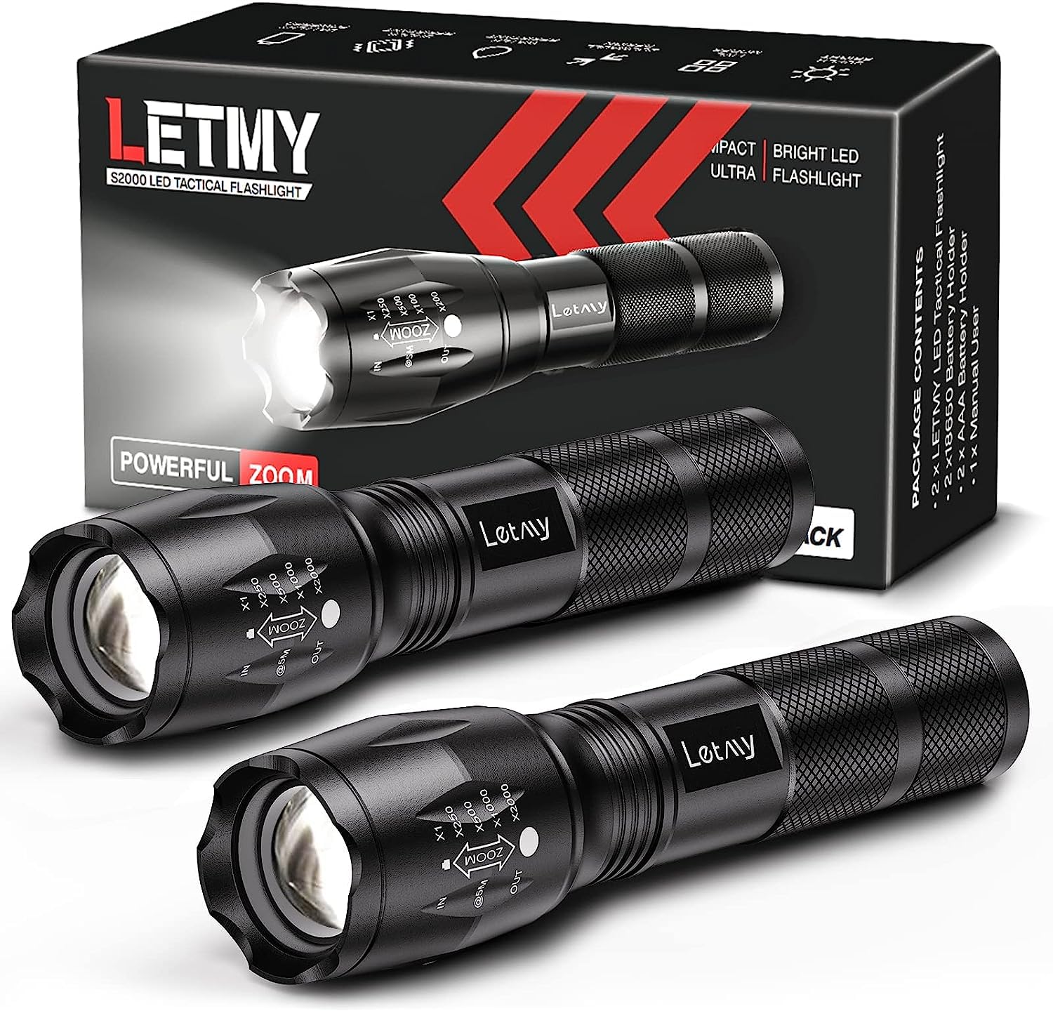 LETMY Tactical Flashlight S2000-2 Pack, Bright LED, High Lumens, 5 Modes, Waterproof, Anodized Aluminum, Black